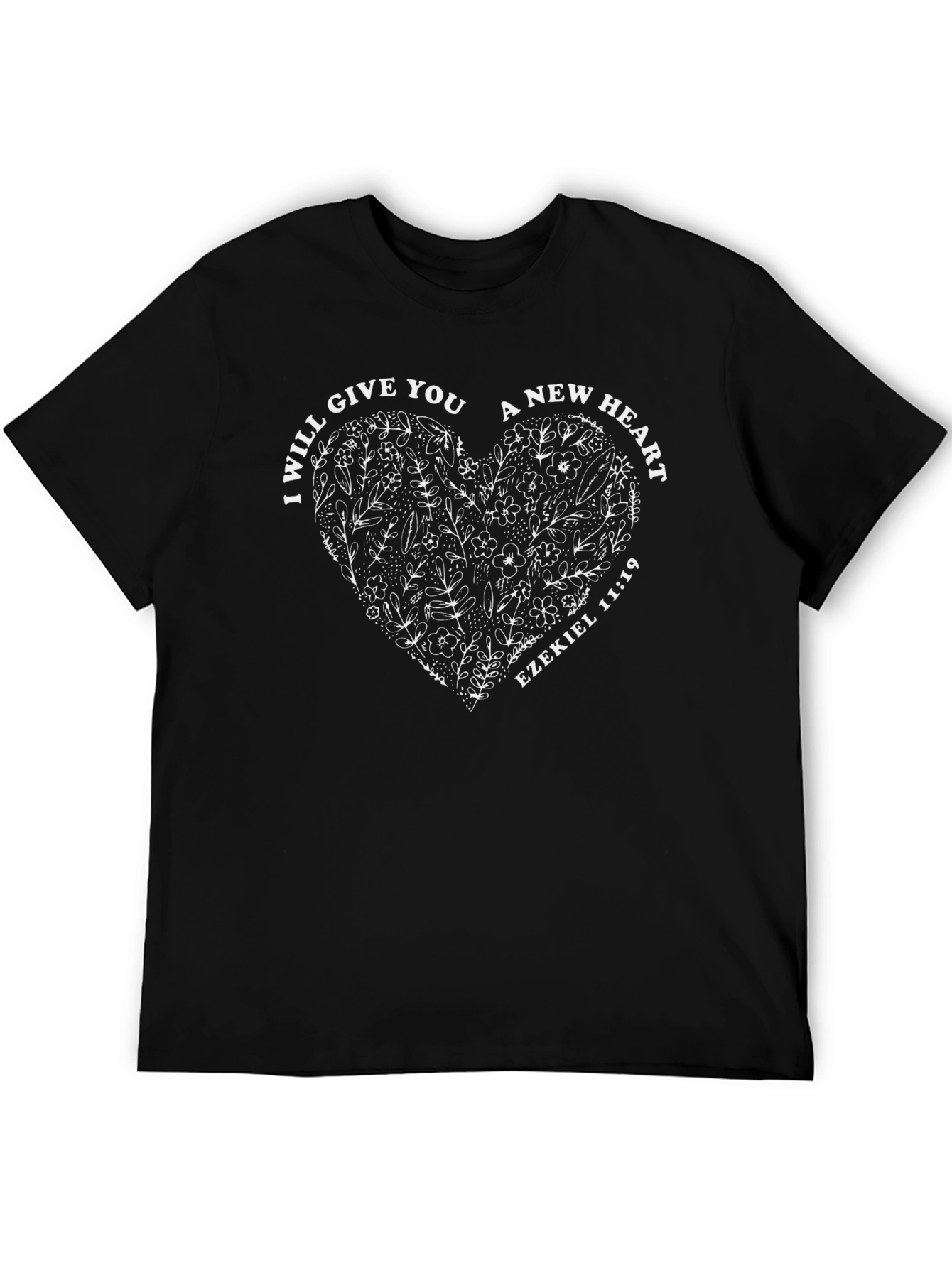 Black New Heart T-Shirt - Ezekiel 11:19, Floral Heart view 5