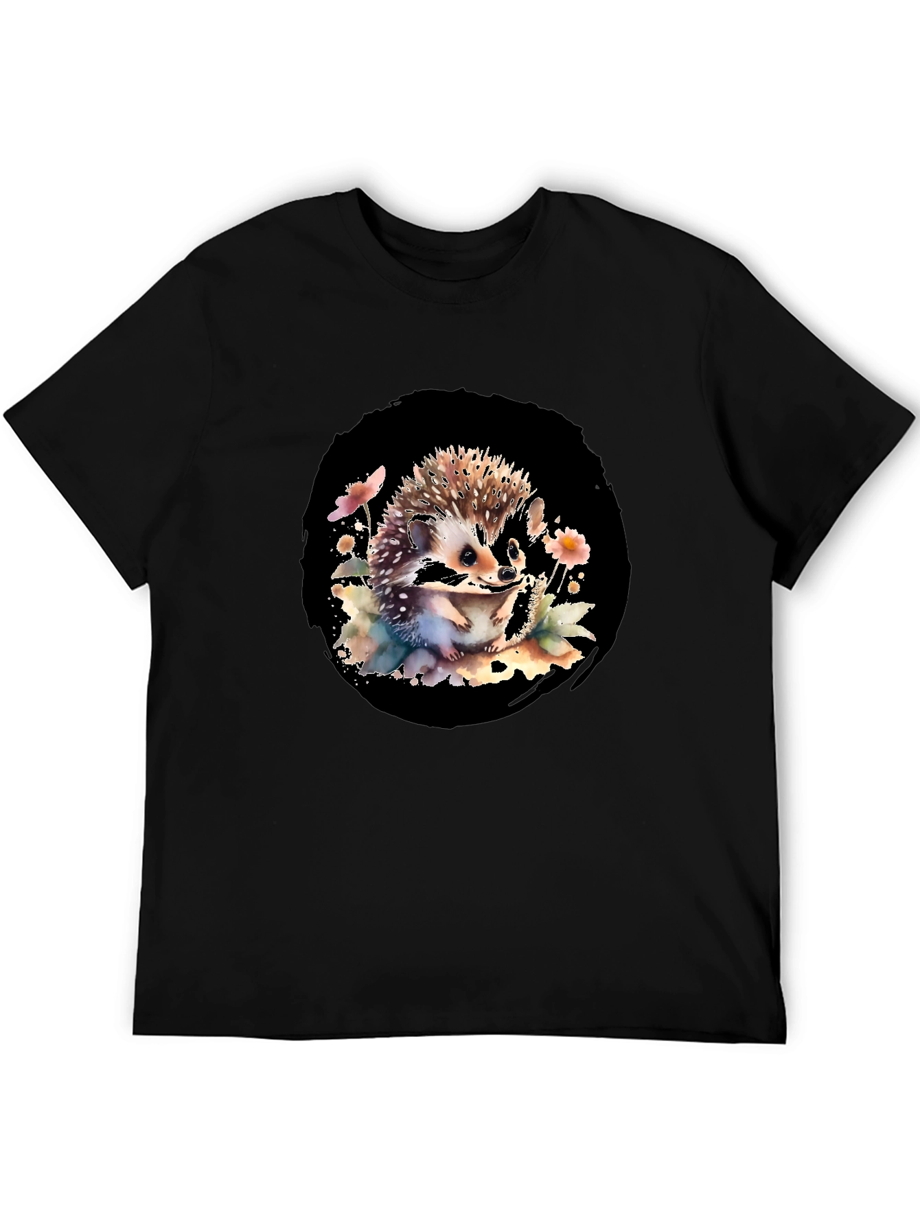 Black Hedgehog Watercolor Graphic Black T-Shirt view 5