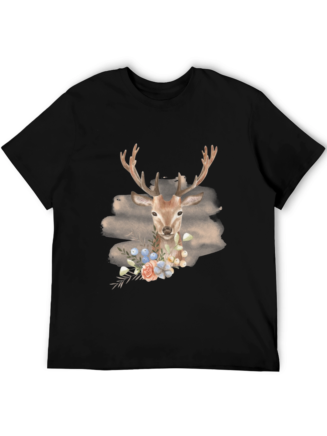 Black Deer Floral Graphic Print Tee - Men's Black T-Shirt view 5