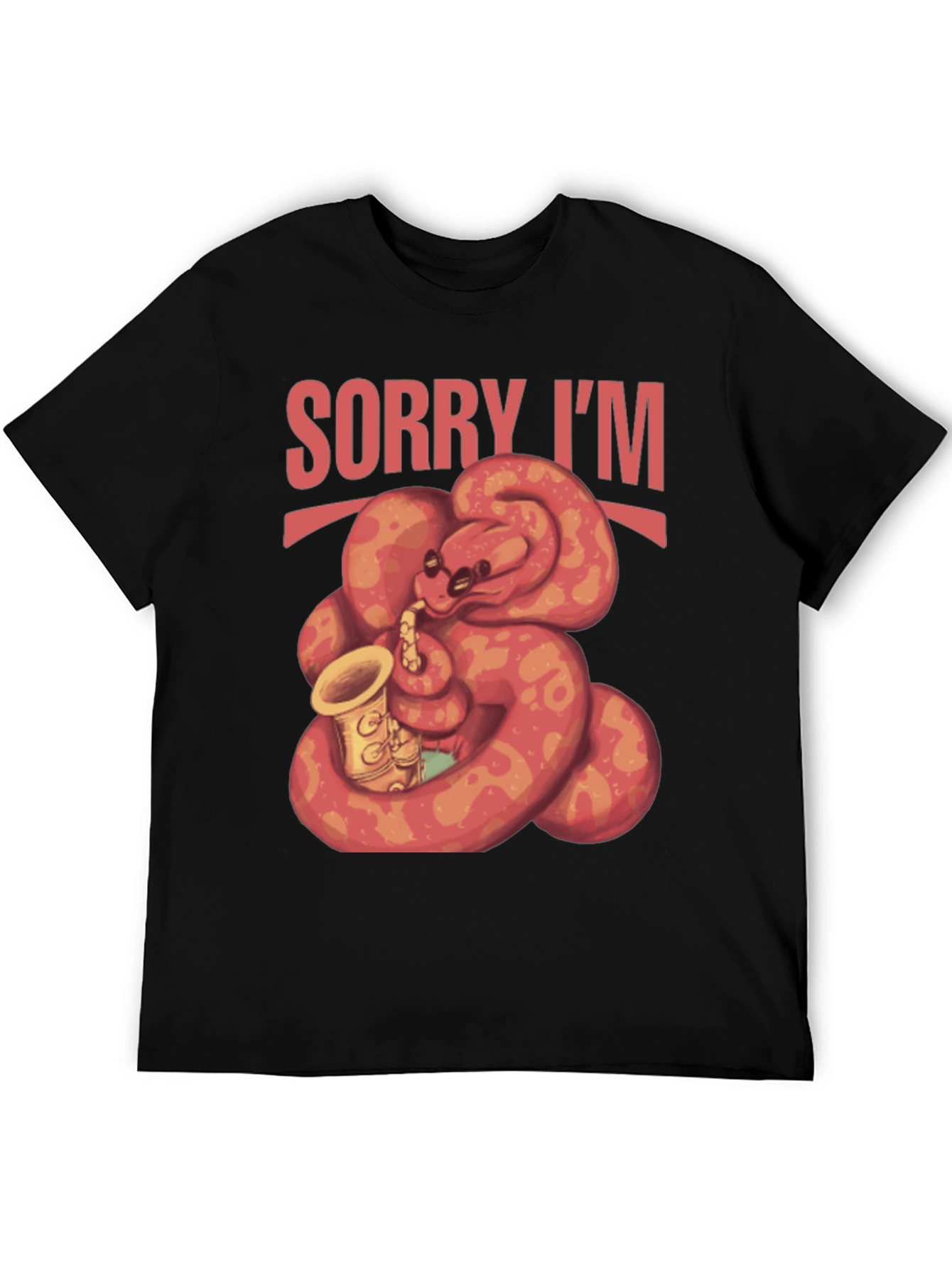 Black Sorry I'm Late Snake Saxophone T-Shirt view 5