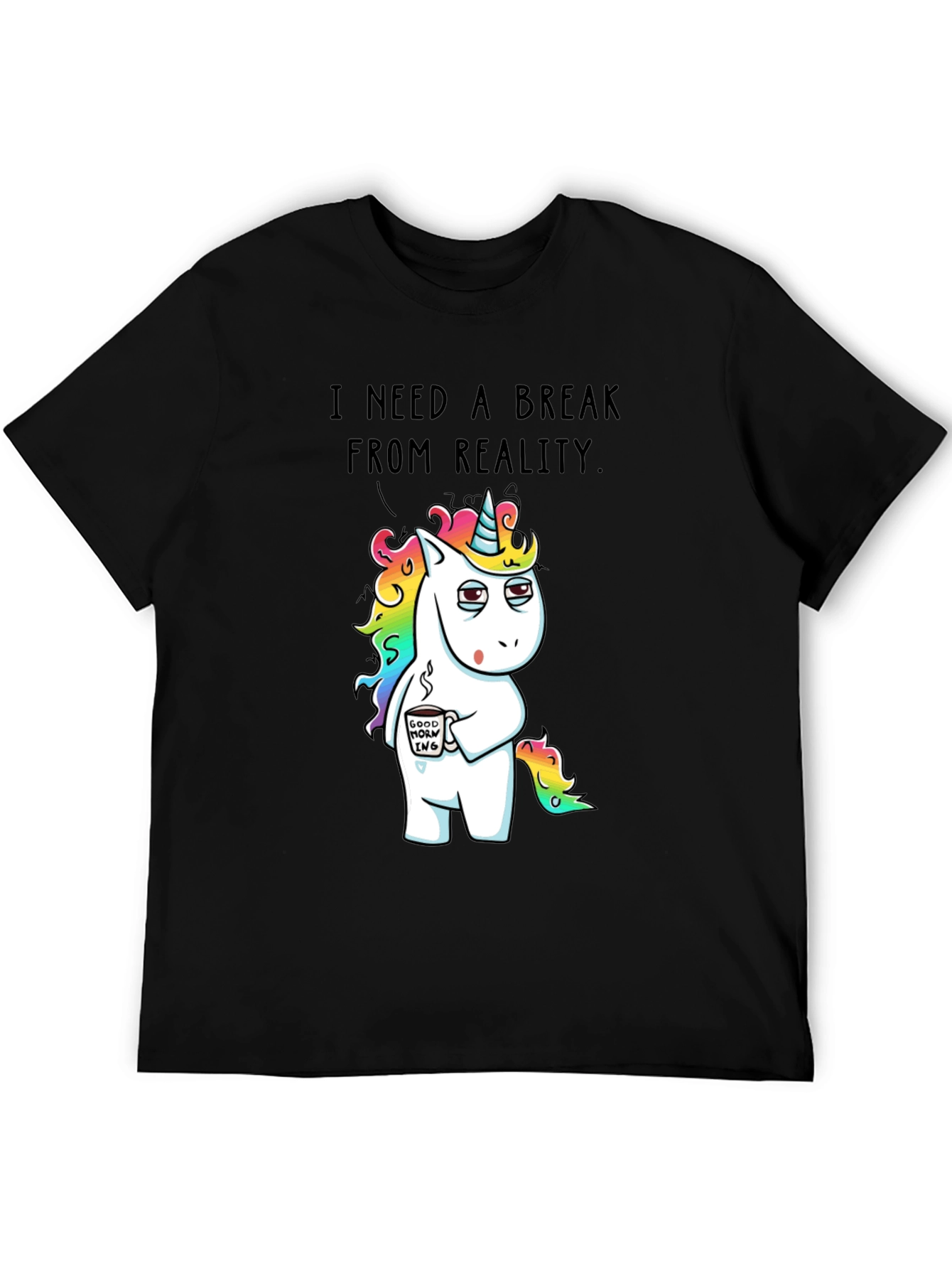 Black Funny Unicorn 'Break From Reality' Graphic T-Shirt view 5