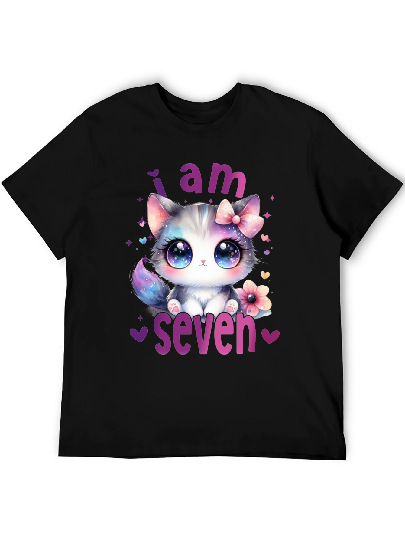 Black I am Seven Kitten Birthday T-Shirt view 5