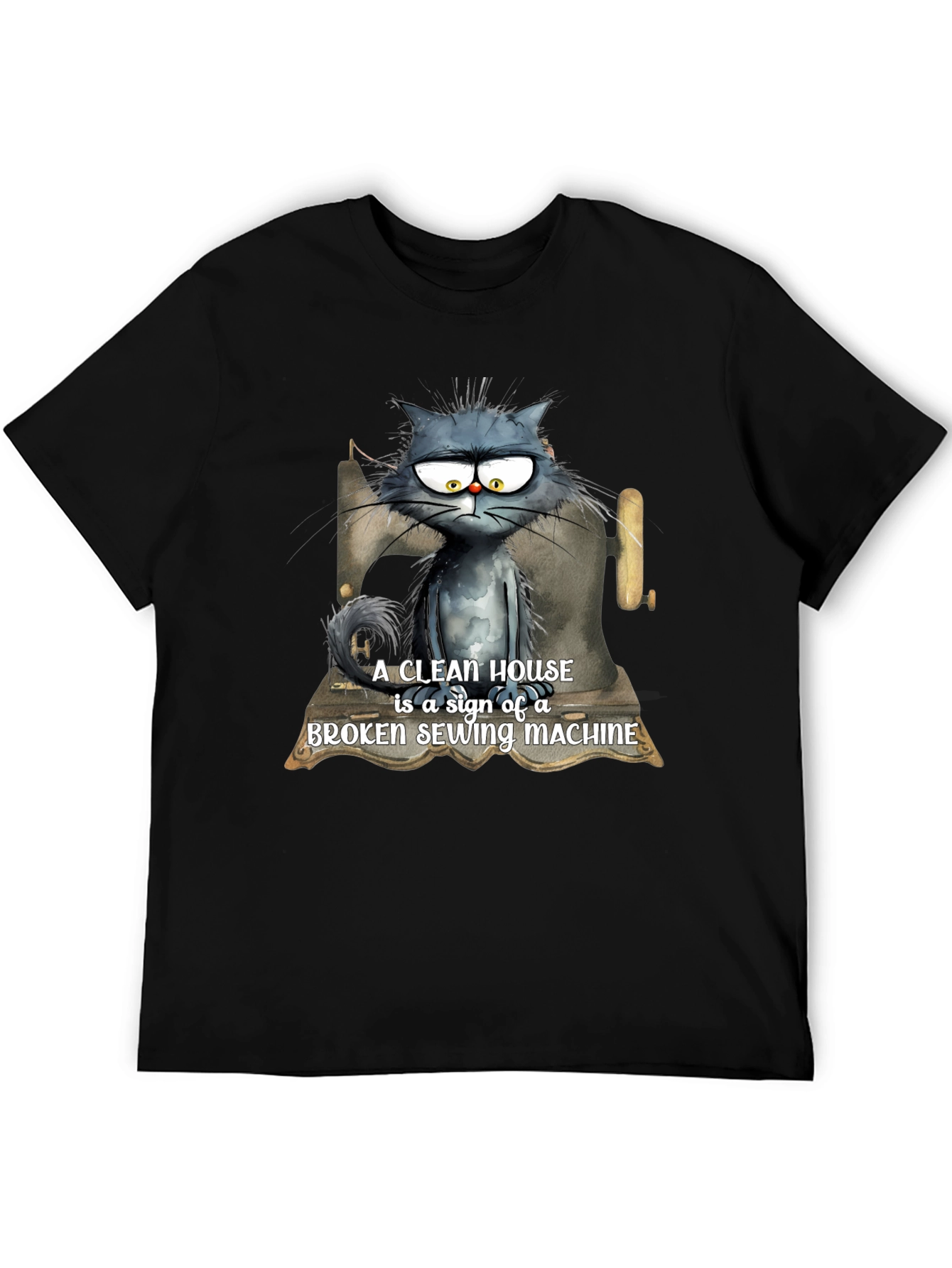 Black Cat & Sewing Machine T-Shirt - Humorous Design view 5