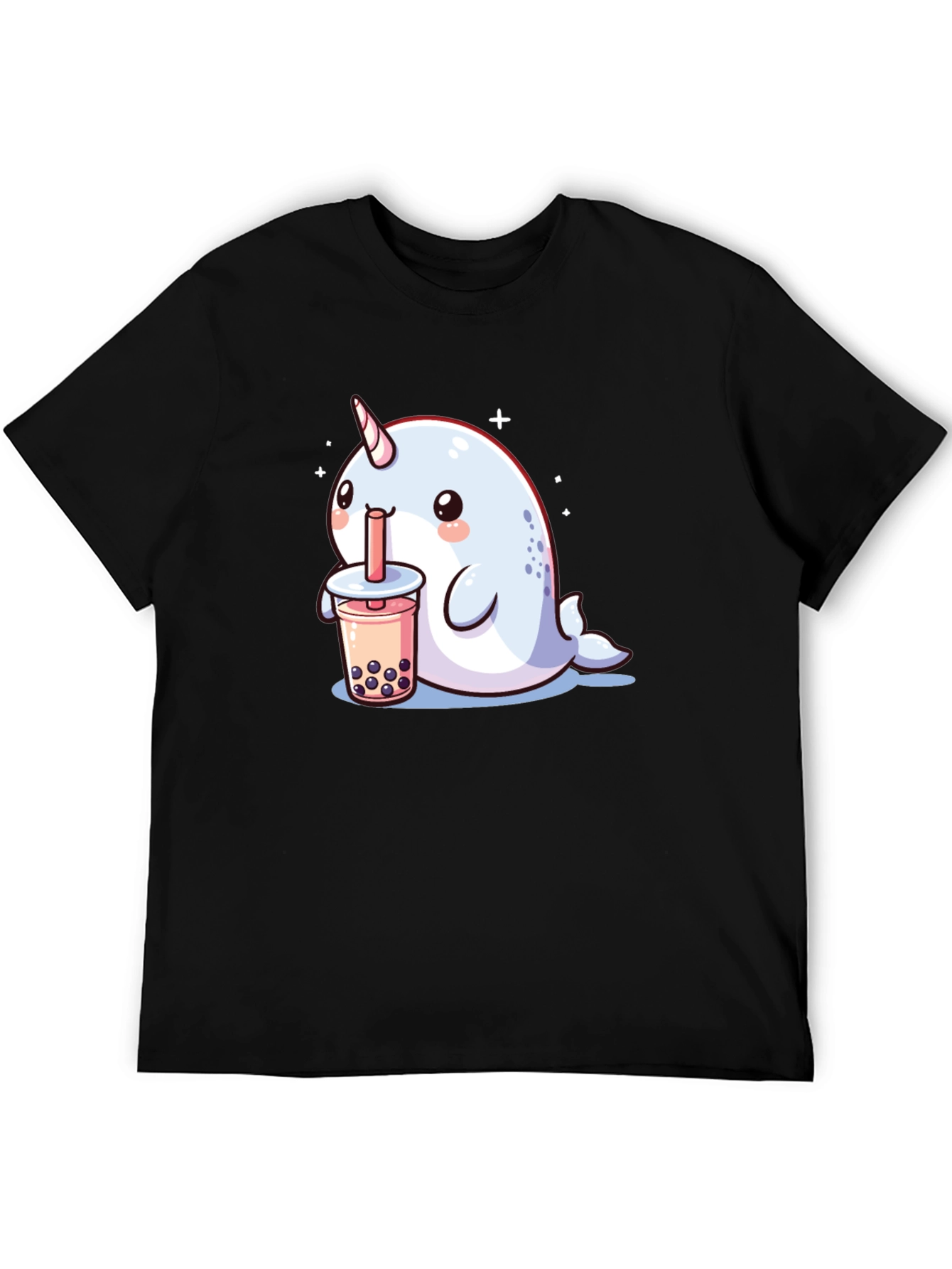Black Cute Narwhal Boba Tea Graphic T-Shirt view 5