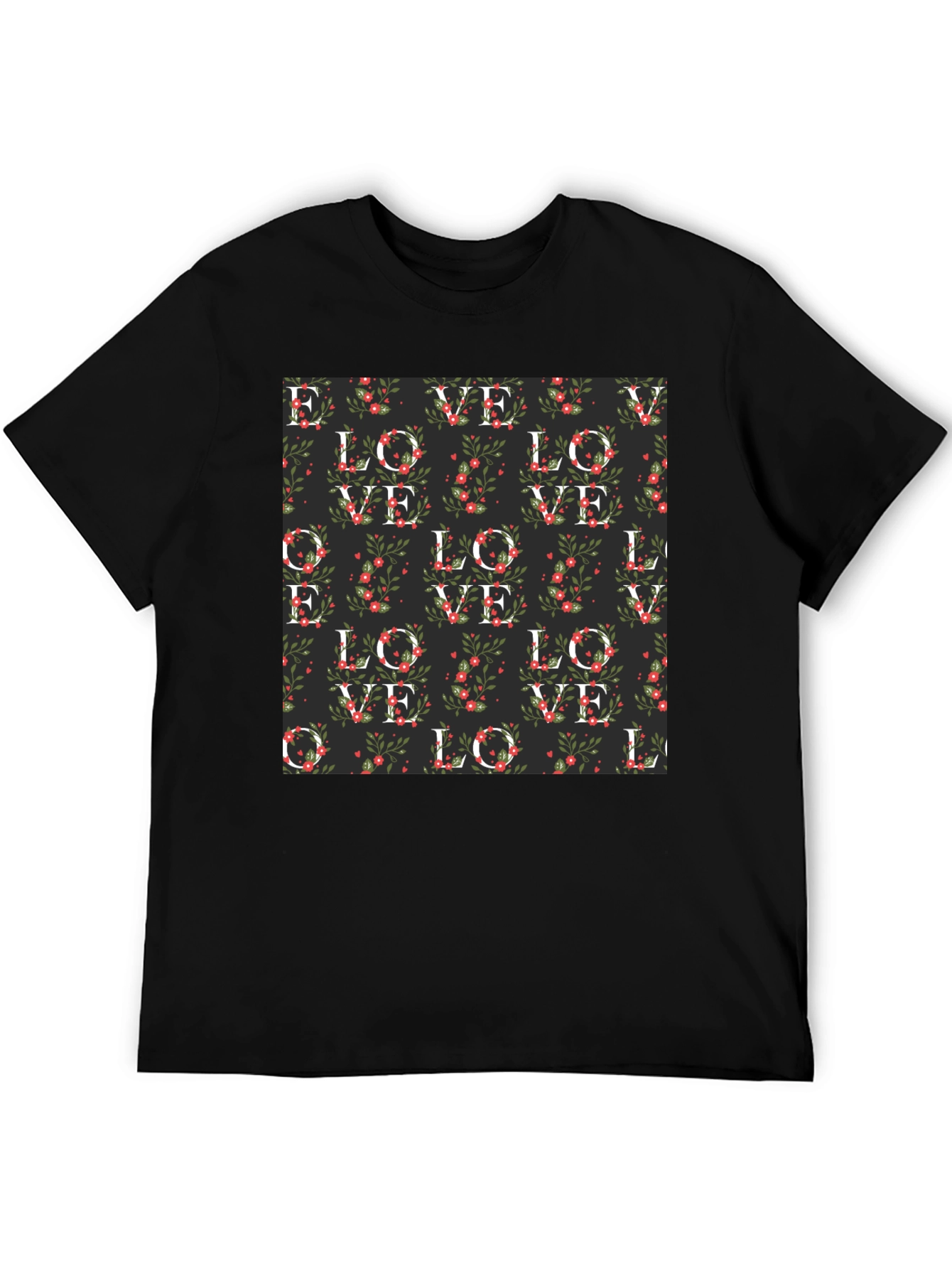Black Floral Love Pattern T-Shirt view 5
