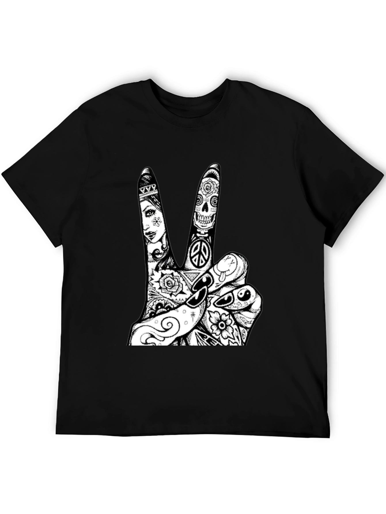 Black Peace Sign Tattoo Graphic Tee - Black Cotton T-Shirt view 5