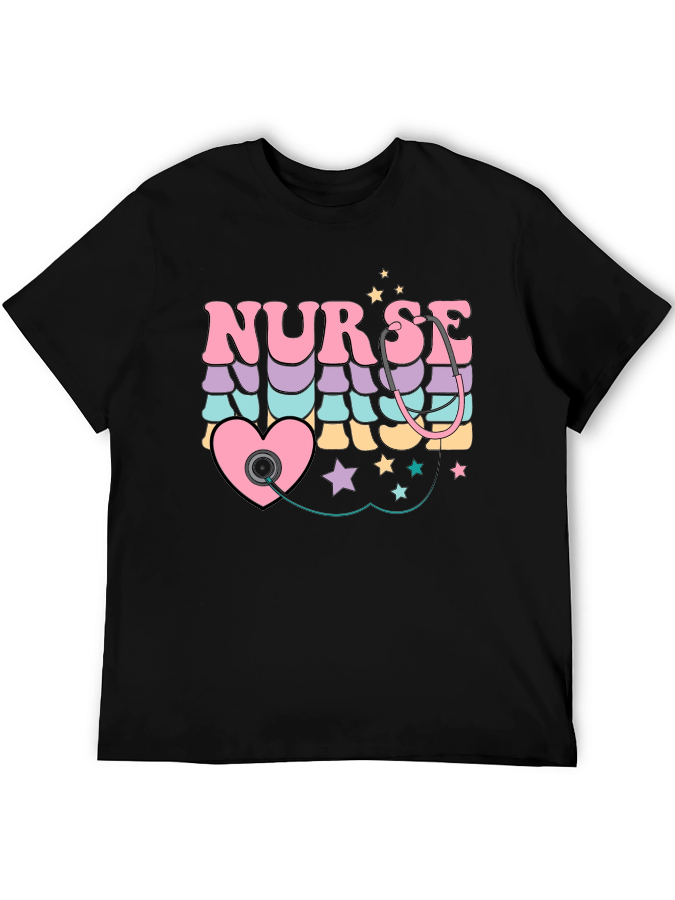 Black Retro Nurse T-Shirt with Stethoscope Heart Design view 5