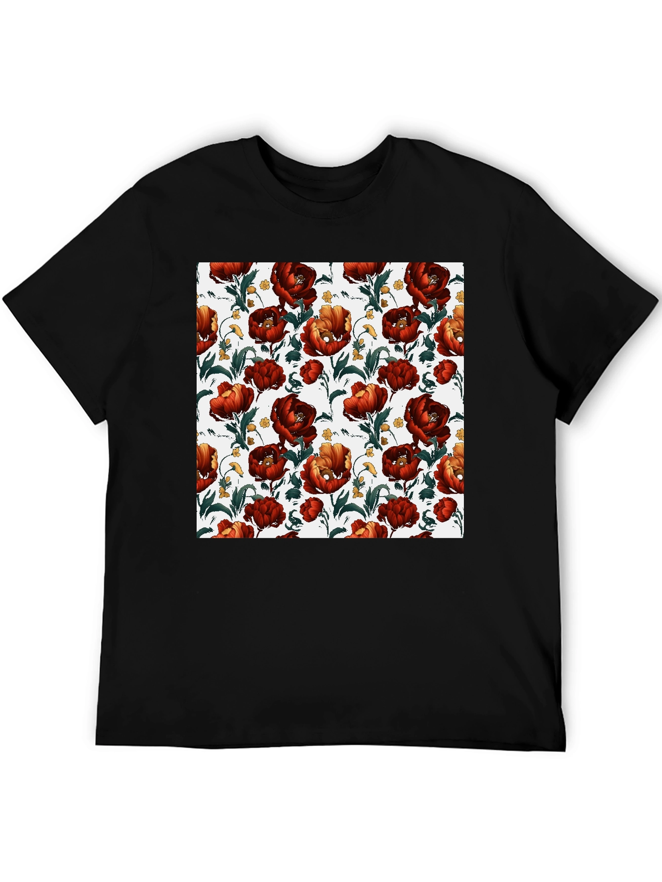 Black Floral Print Crew Neck T-Shirt - Bold Red Blooms view 5