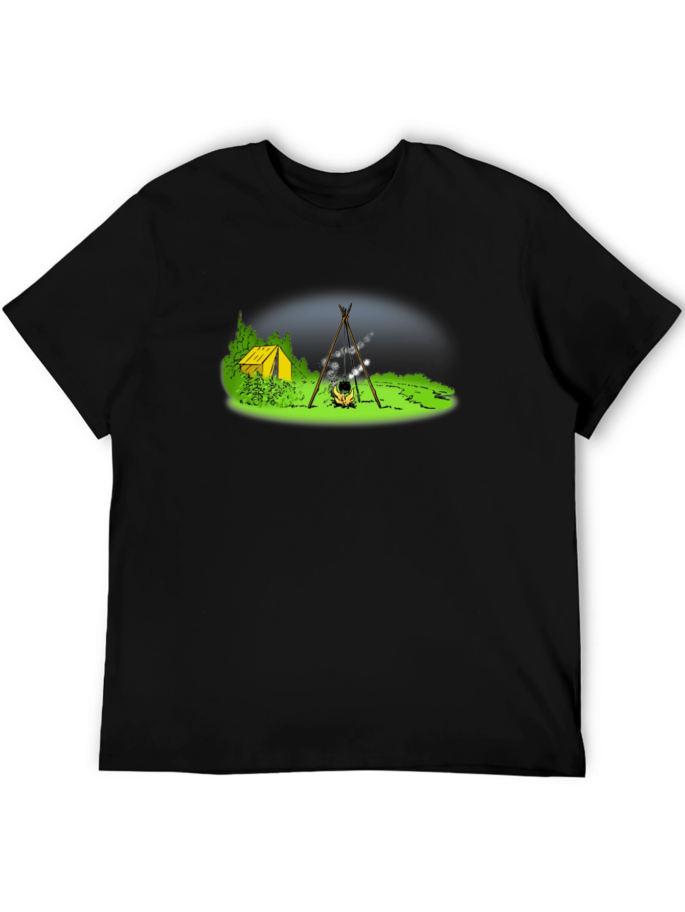 Black Camping T-Shirt - Tent & Bonfire Graphic Tee view 5