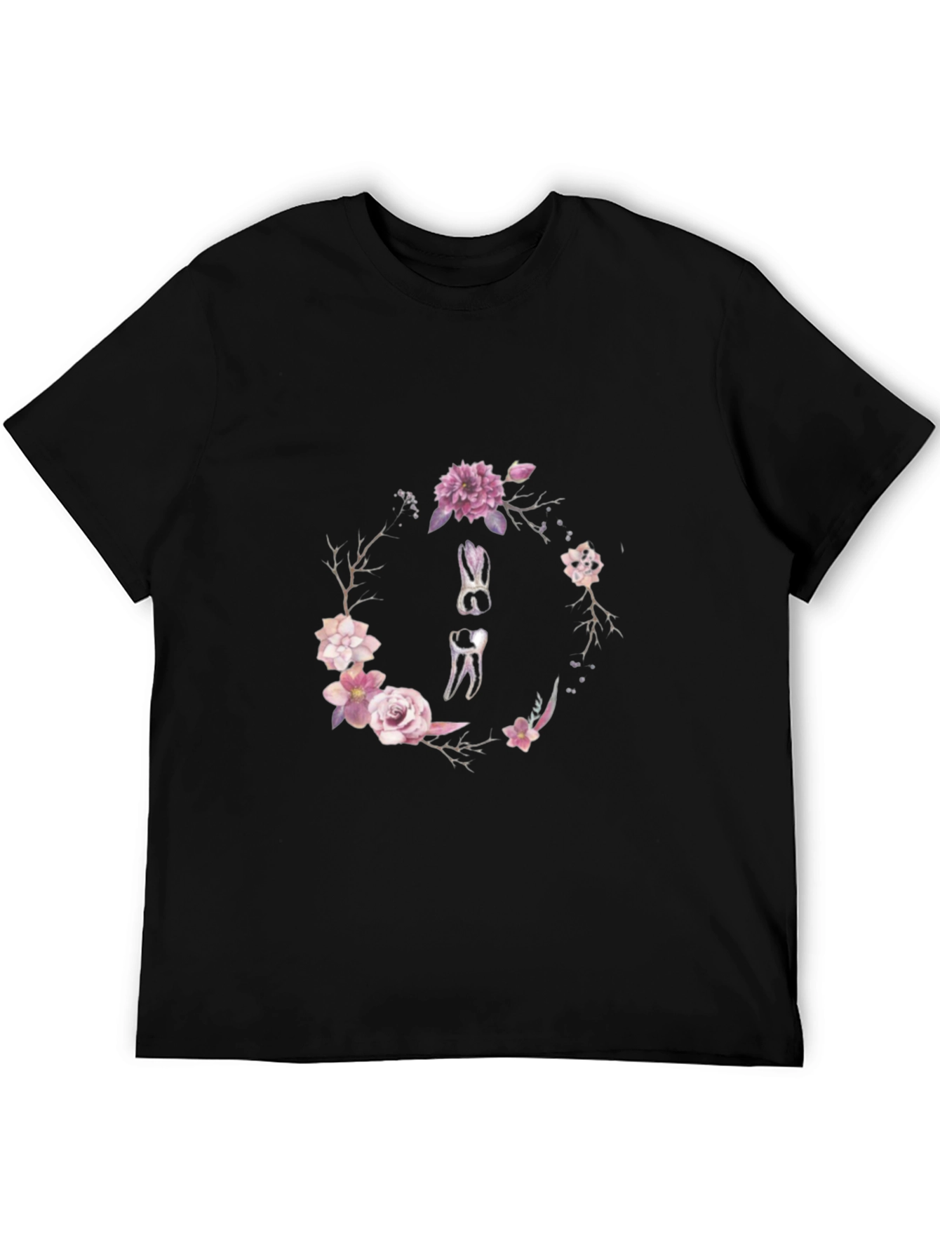 Black Floral Dental Wreath T-Shirt - Black Cotton Tee view 5