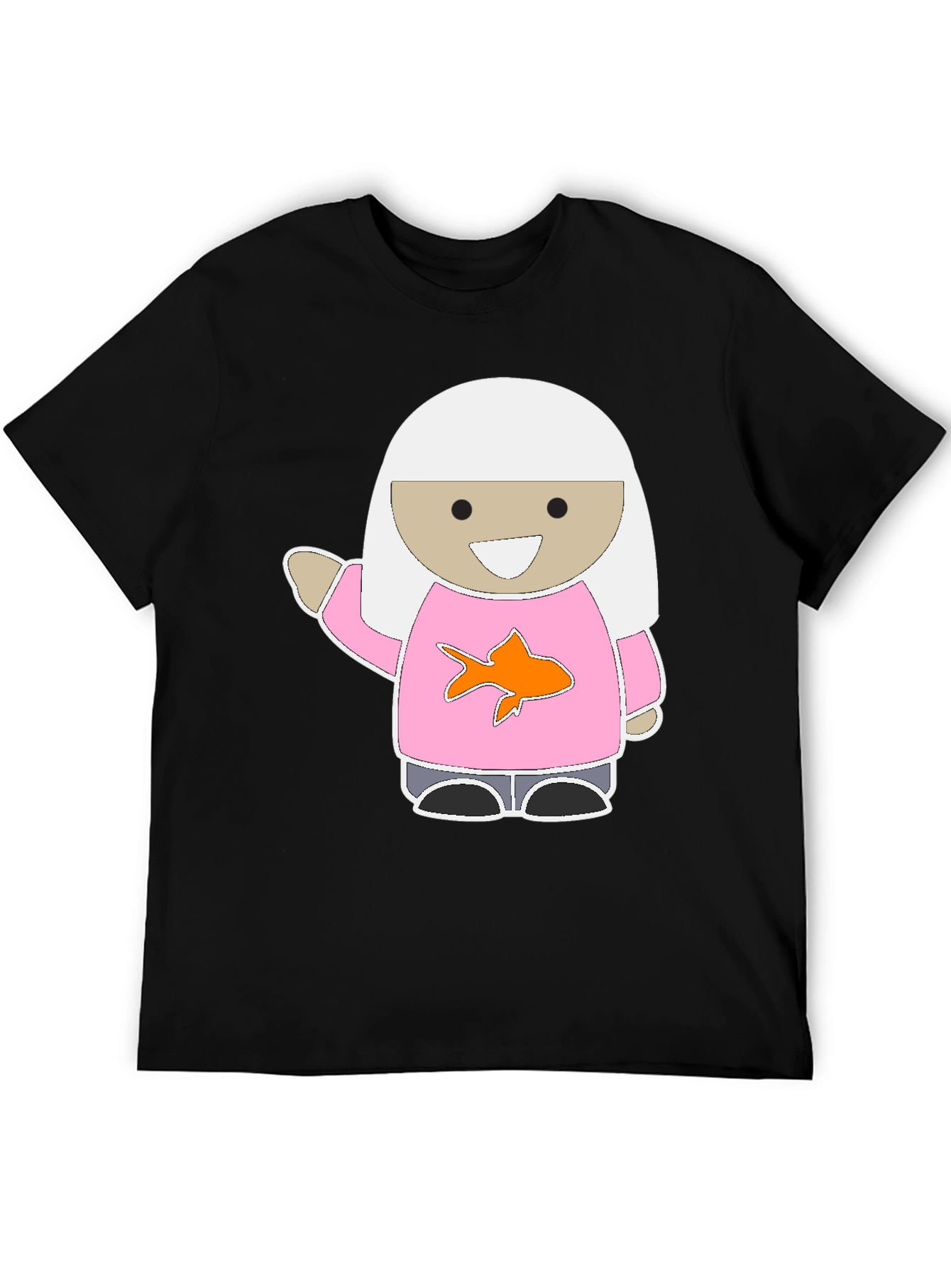 Black Cute Cartoon Girl Pink Fish T-Shirt view 5