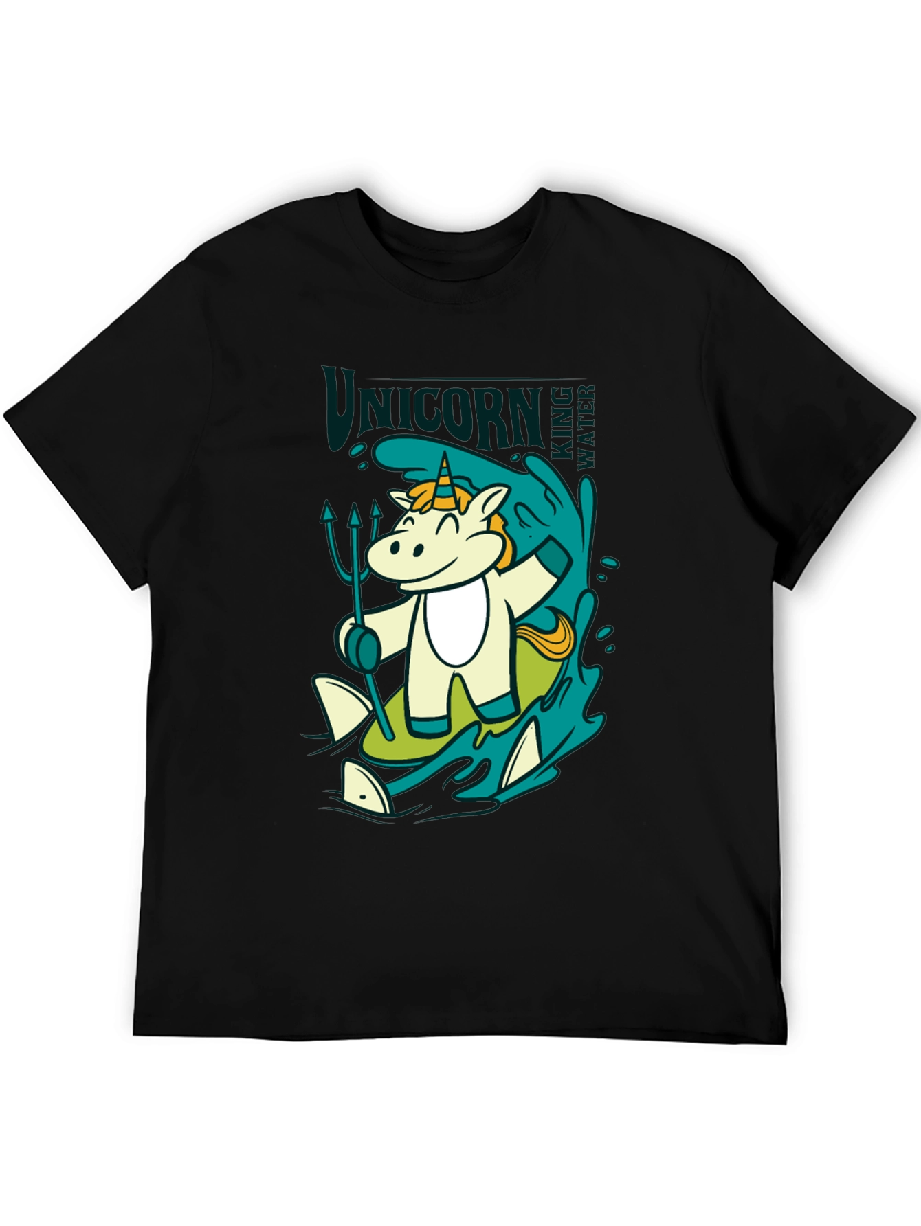 Black Unicorn Surfing T-Shirt: Cartoon Graphic Tee view 5