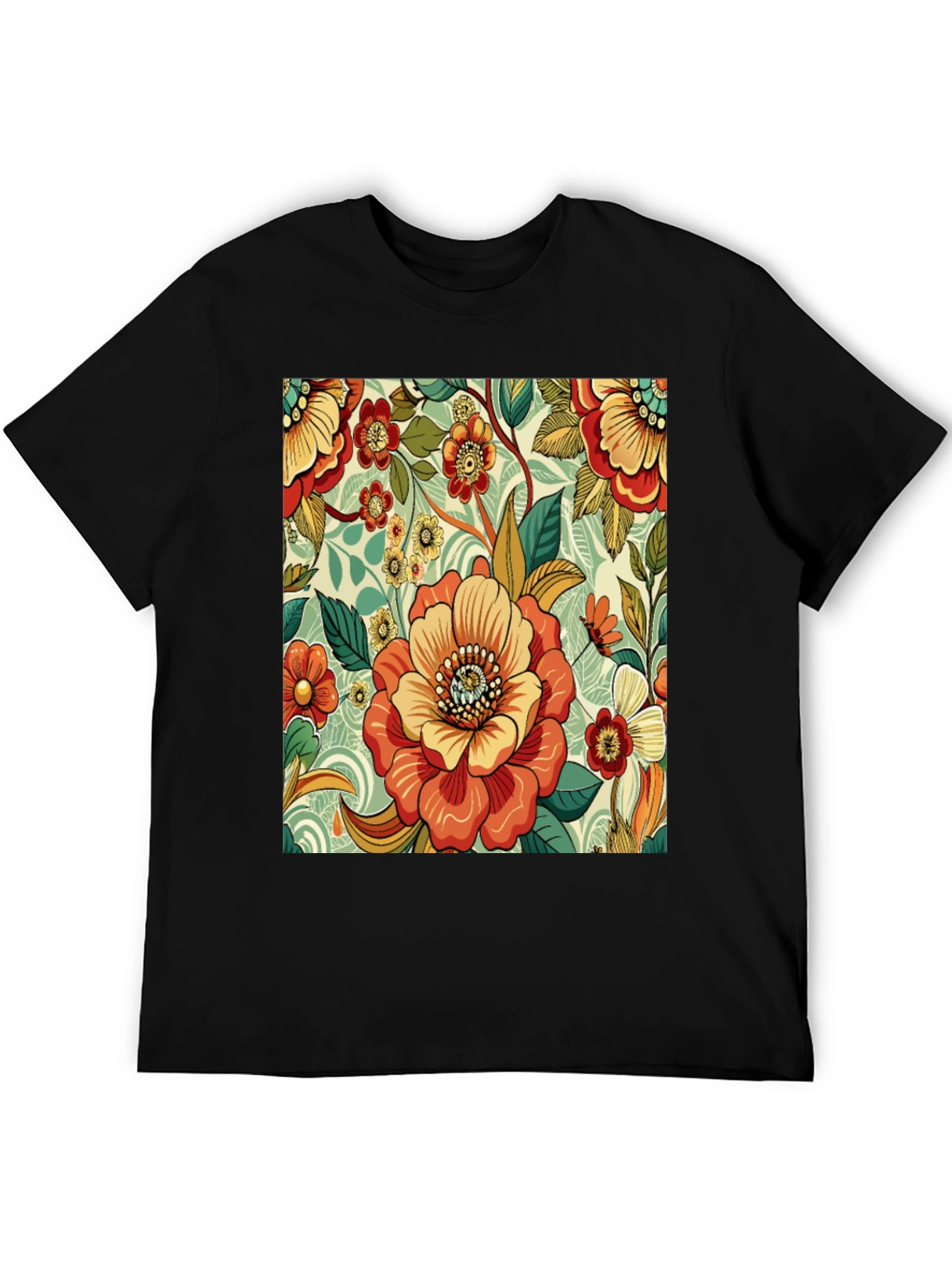 Black Floral Pattern Print Black T-Shirt view 5