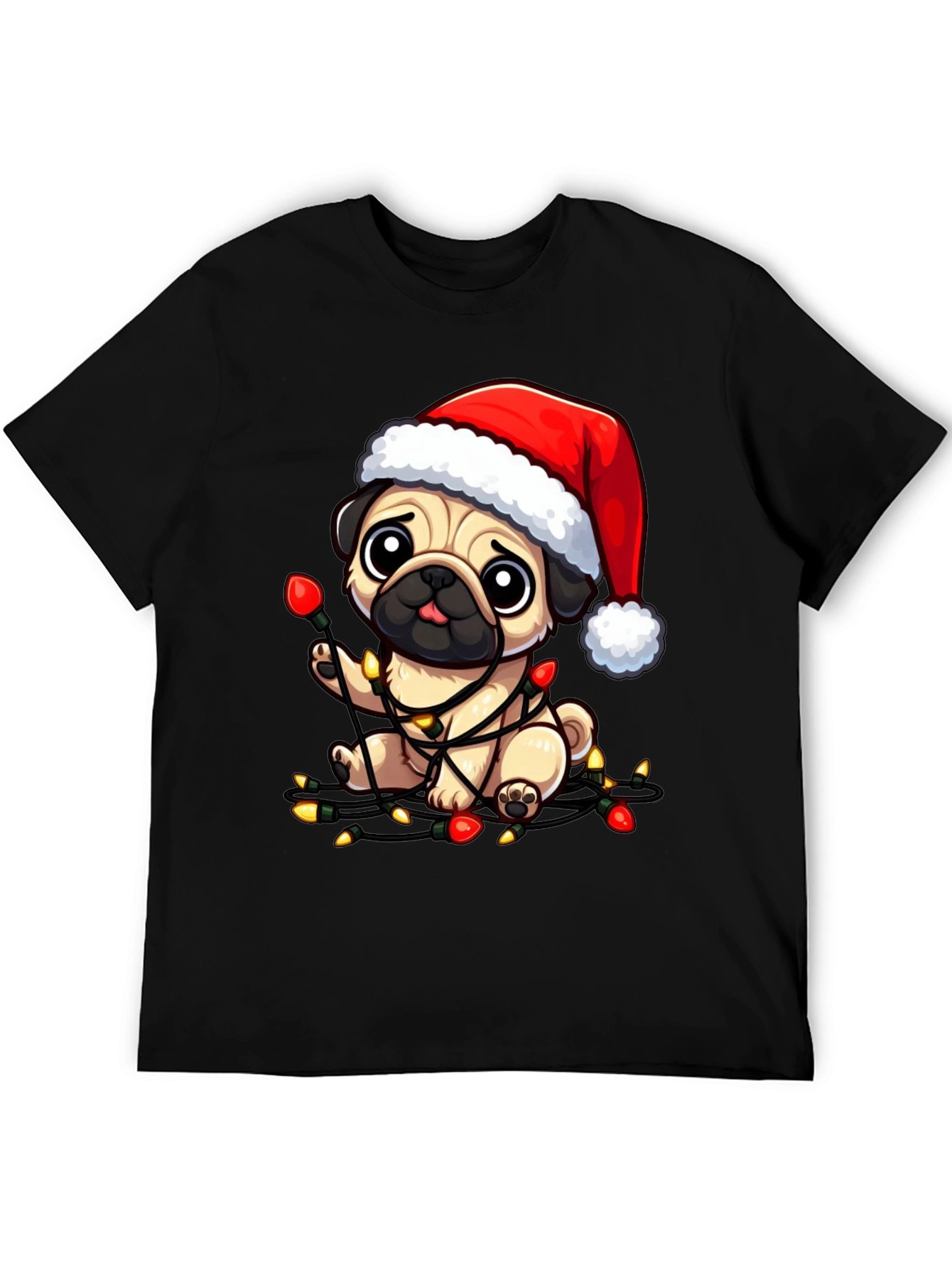 Black Festive Pug Christmas Lights Graphic Tee view 5