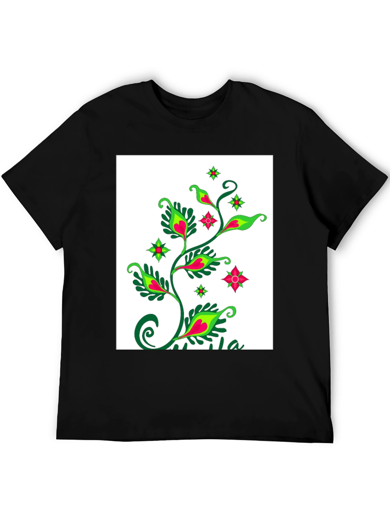 Black Black T-Shirt with Floral Plant Design view 5
