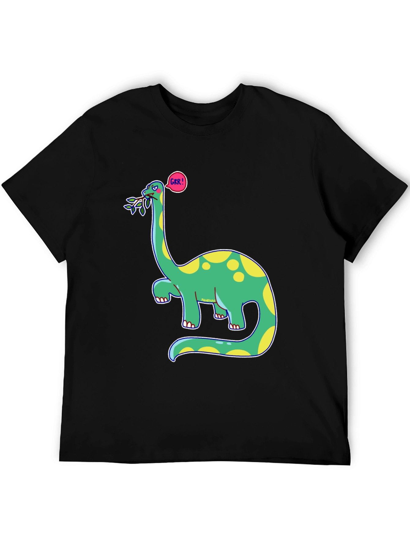 Black Dino GRR! Black T-Shirt - Cartoon Brontosaurus Tee view 5