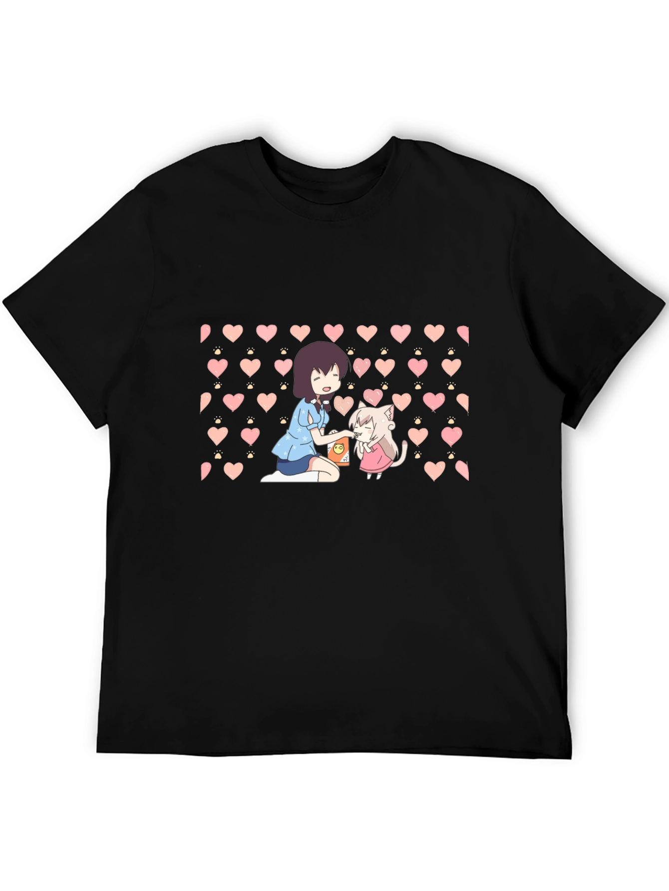 Black Anime Girl & Cat Heart Pattern Black T-Shirt view 5