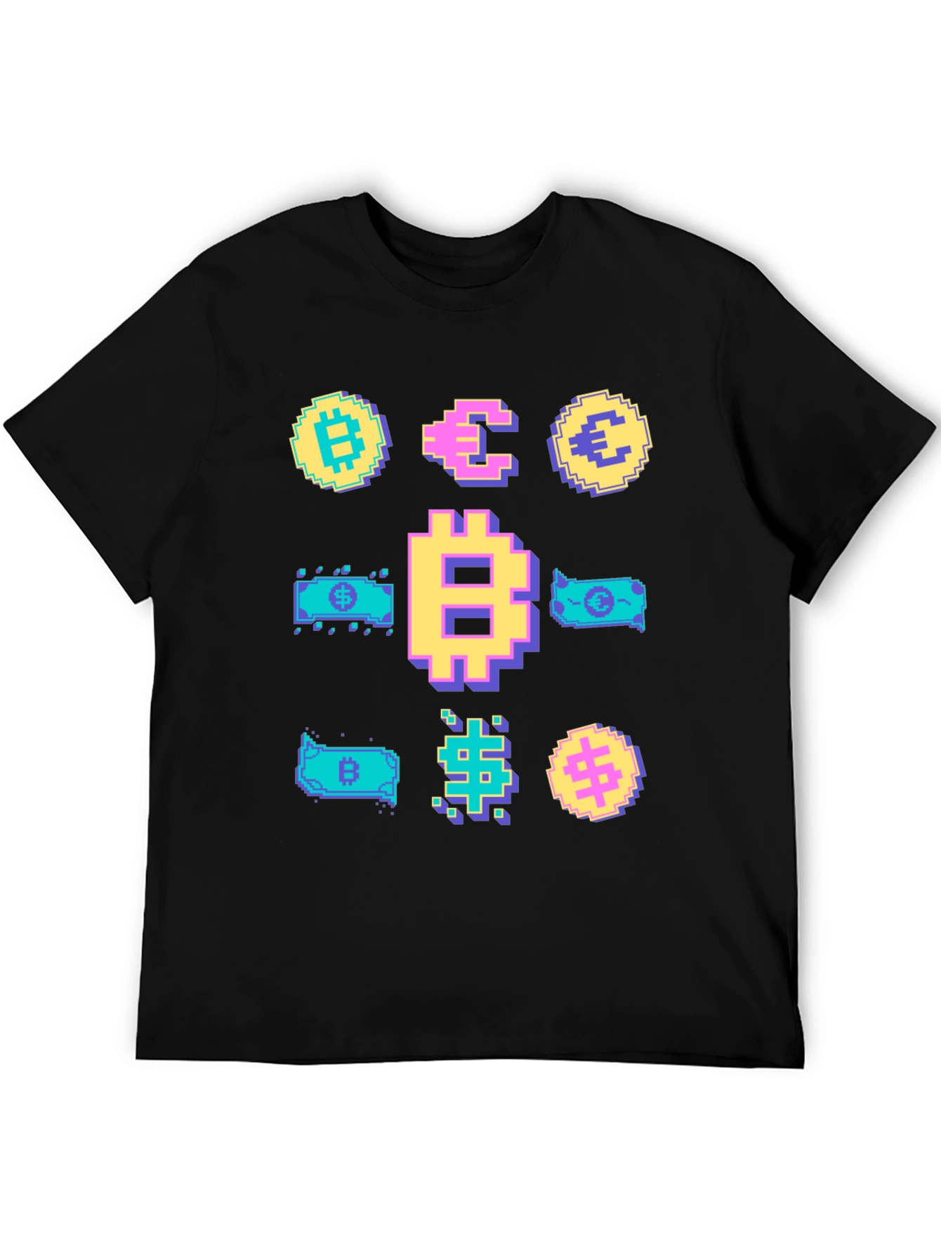 Black Crypto Pixel Art T-Shirt: Bitcoin, Euro, Dollar view 5