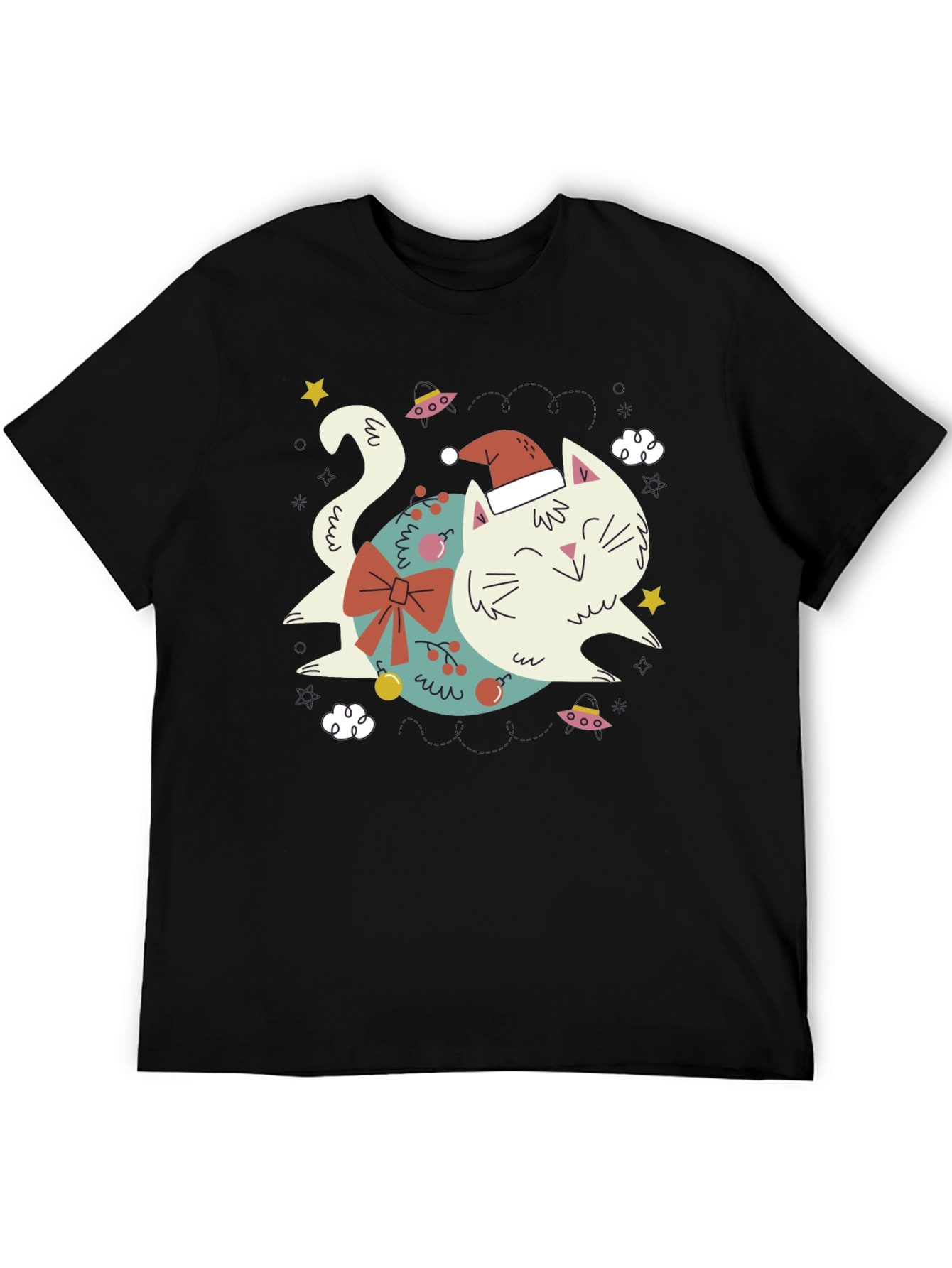 Black Festive Cat T-Shirt - Holiday Graphic Tee view 5