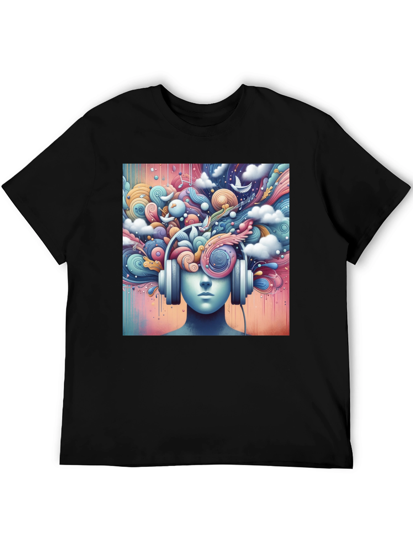 Black Mindful Music Tee - Artistic Headphone Design view 5