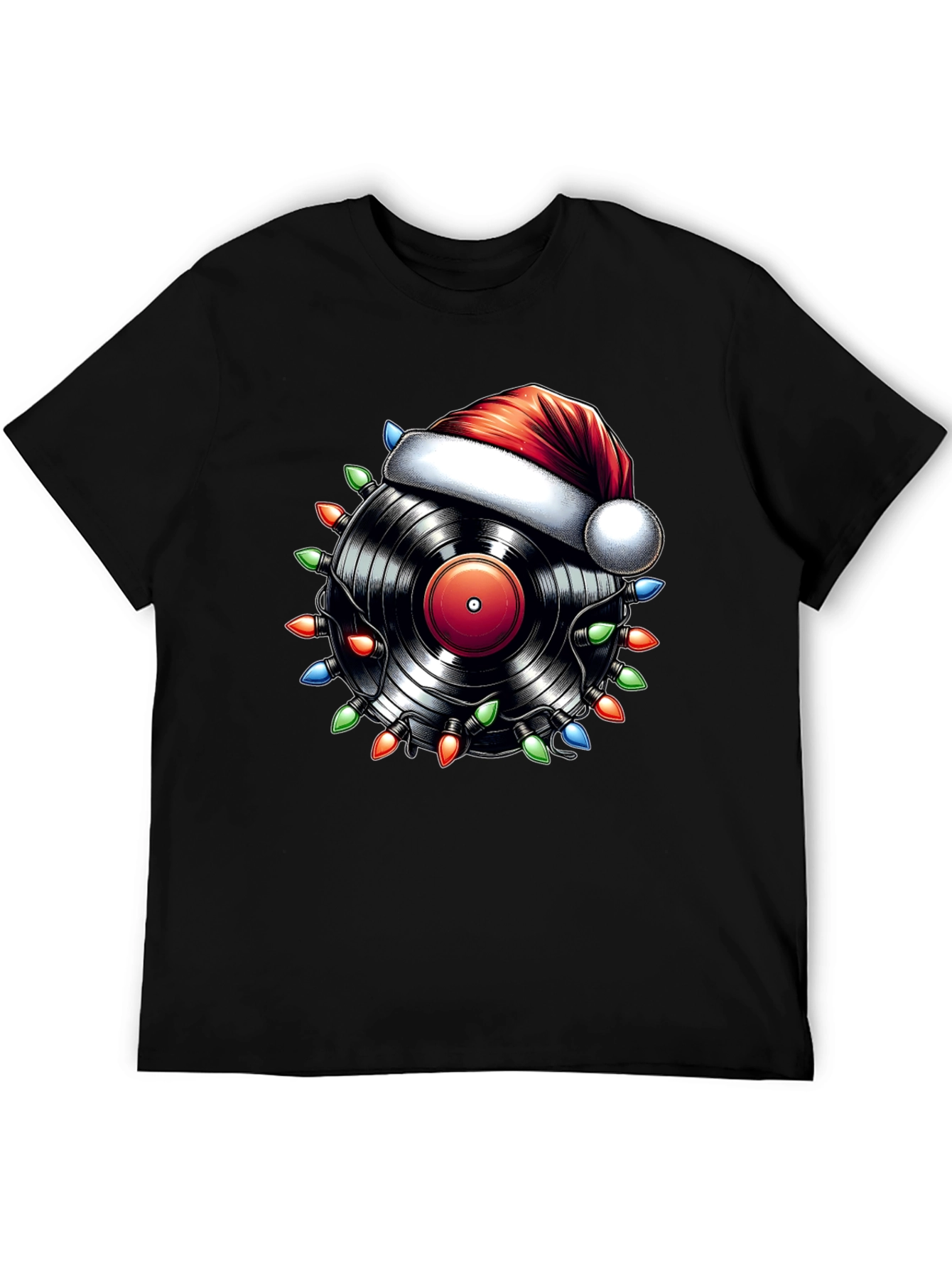 Black Festive Vinyl Record Santa Hat T-Shirt view 5