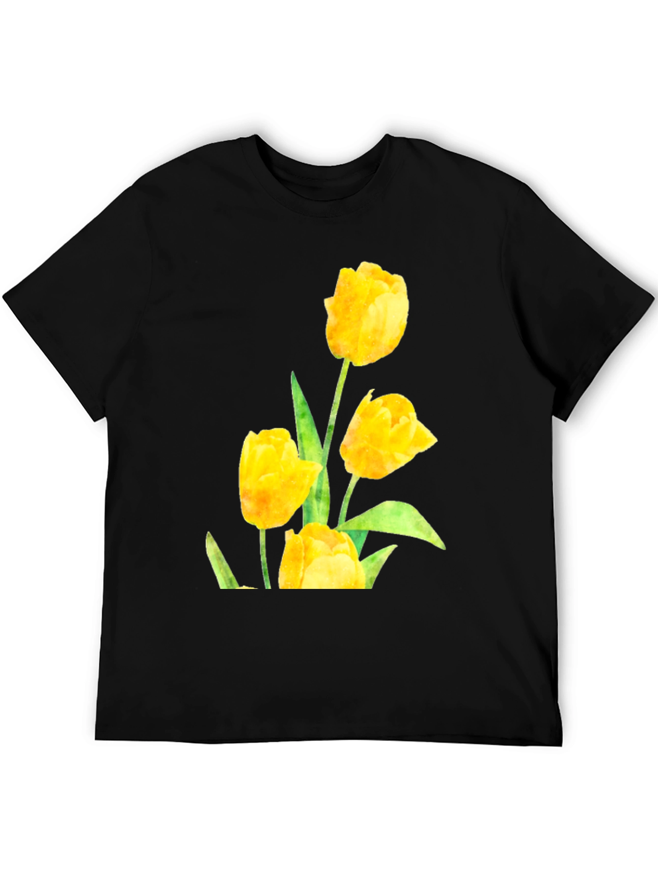 Black Men's Black T-Shirt with Yellow Tulip Floral Design view 5