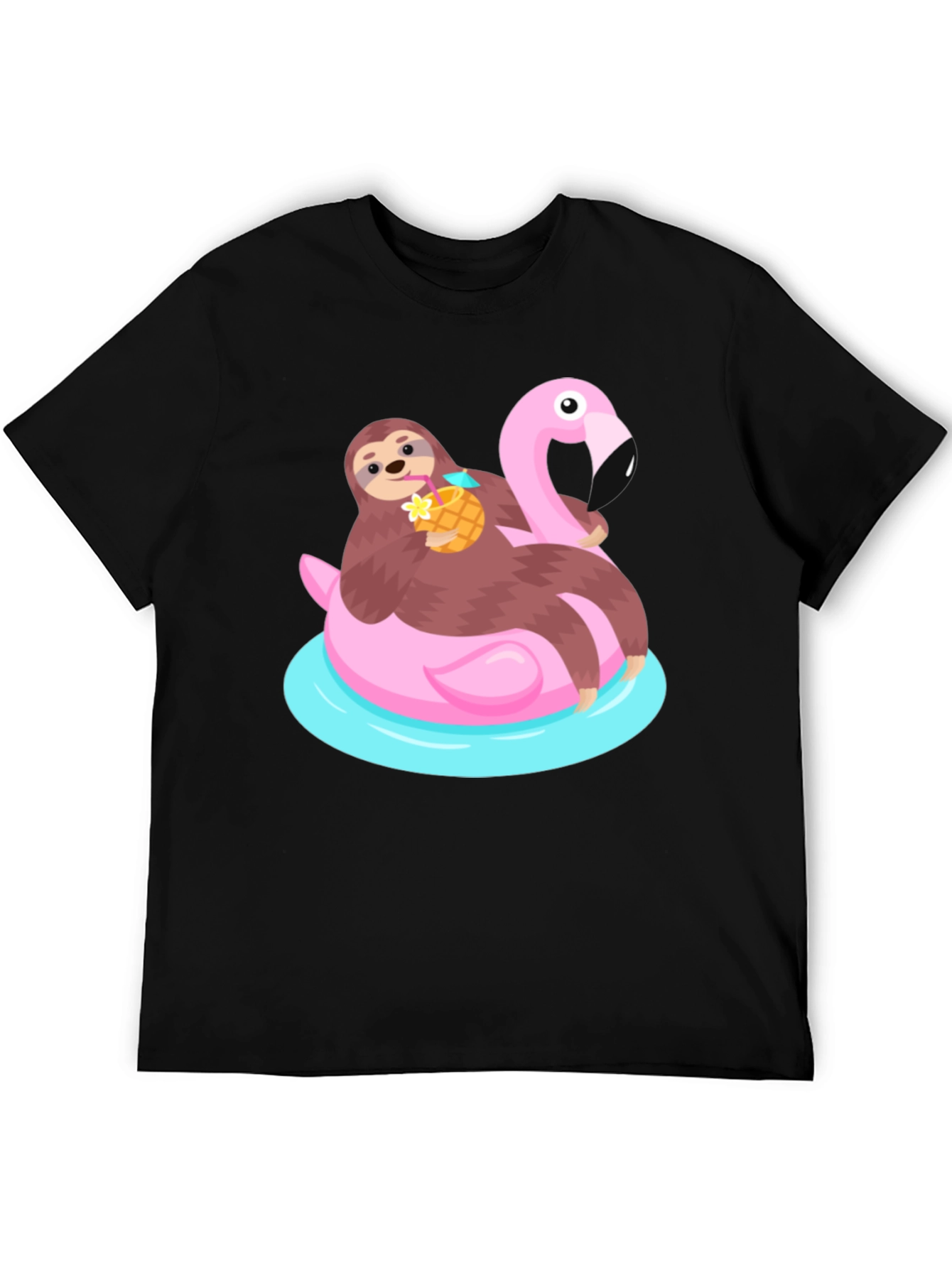 Black Sloth Flamingo Float T-Shirt - Relaxed Summer Vibes view 5