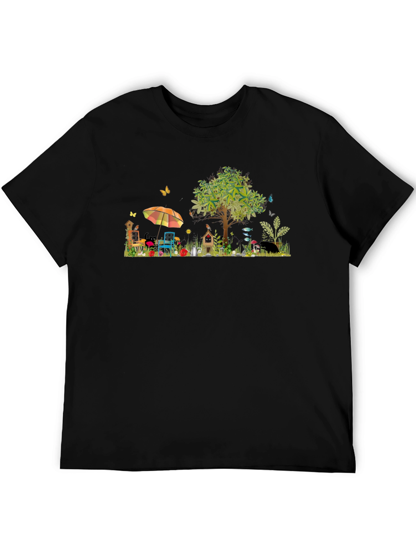Black Whimsical Garden Scene Graphic T-Shirt view 5