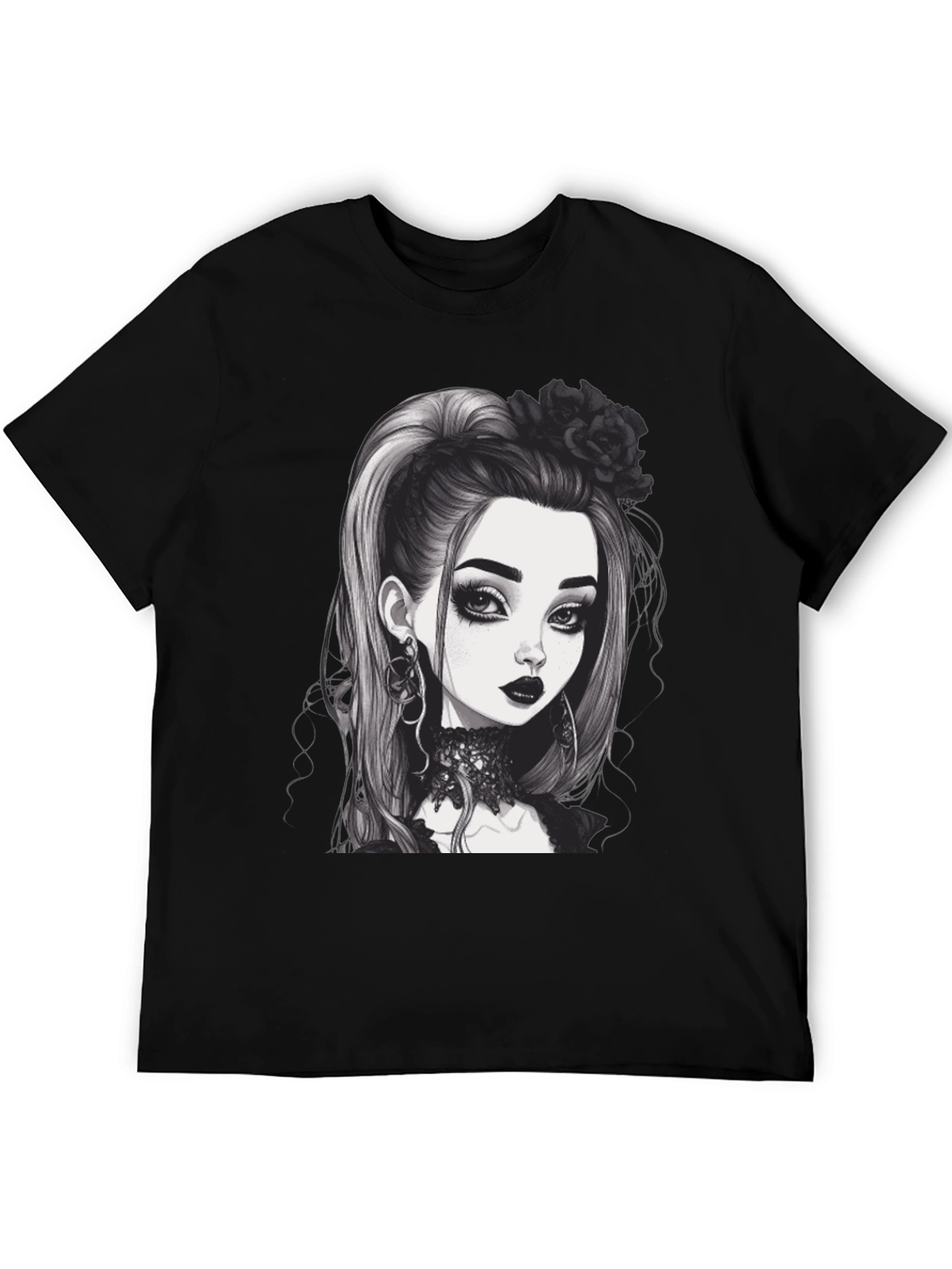 Black Gothic Girl Graphic Tee - Black Cotton T-Shirt view 5