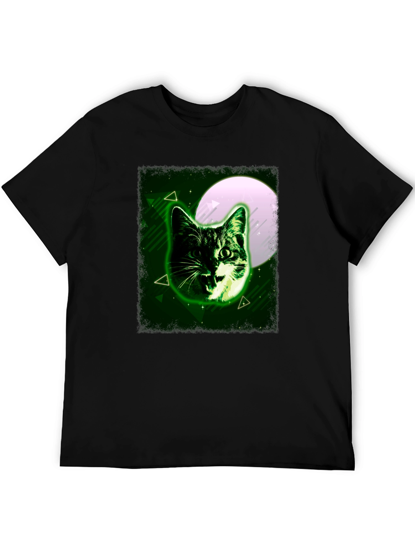 Black Green Cat Graphic Tee - Moonlit Feline Design view 5