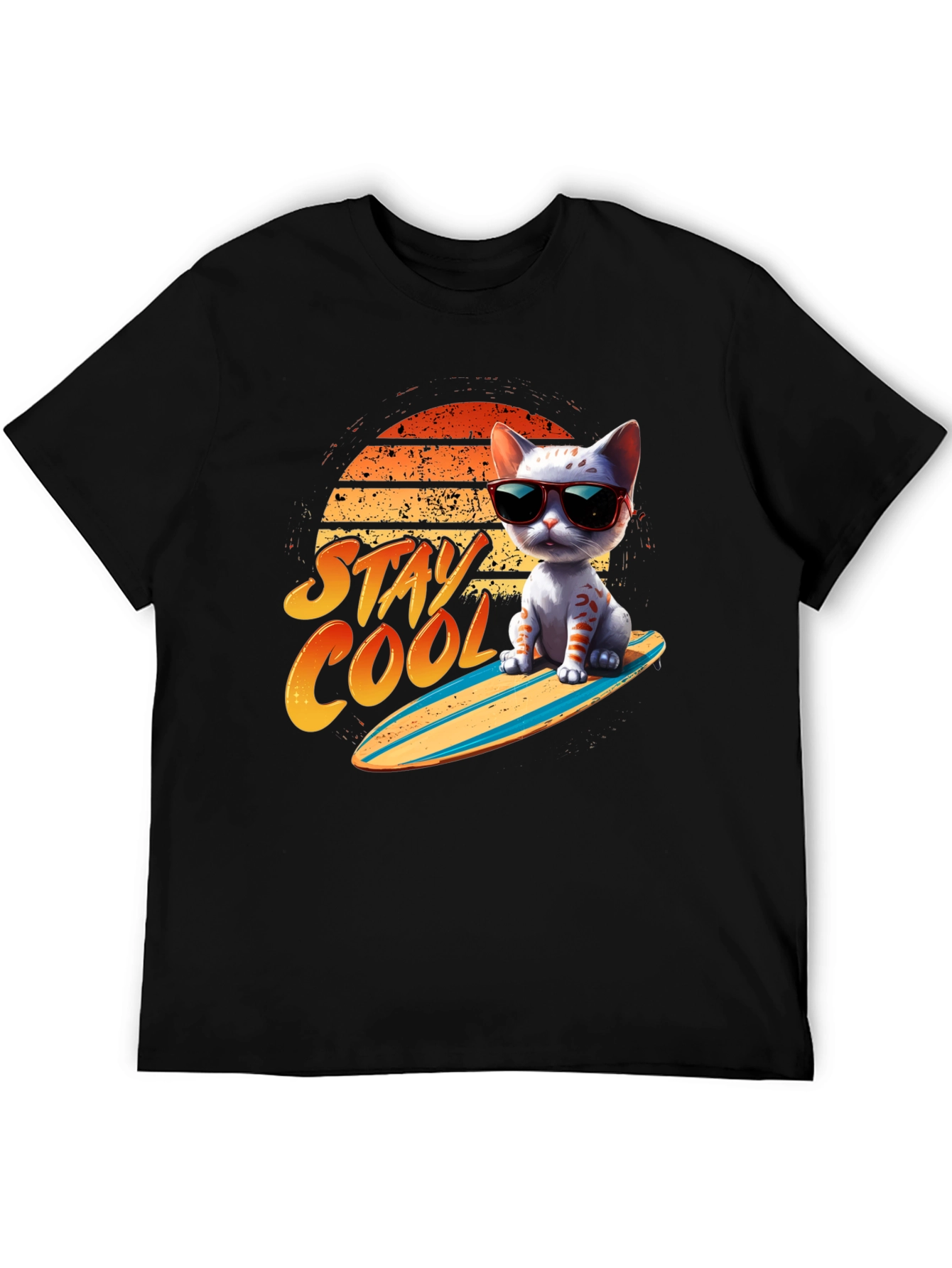 Black Cool Cat Surfboard T-Shirt view 5