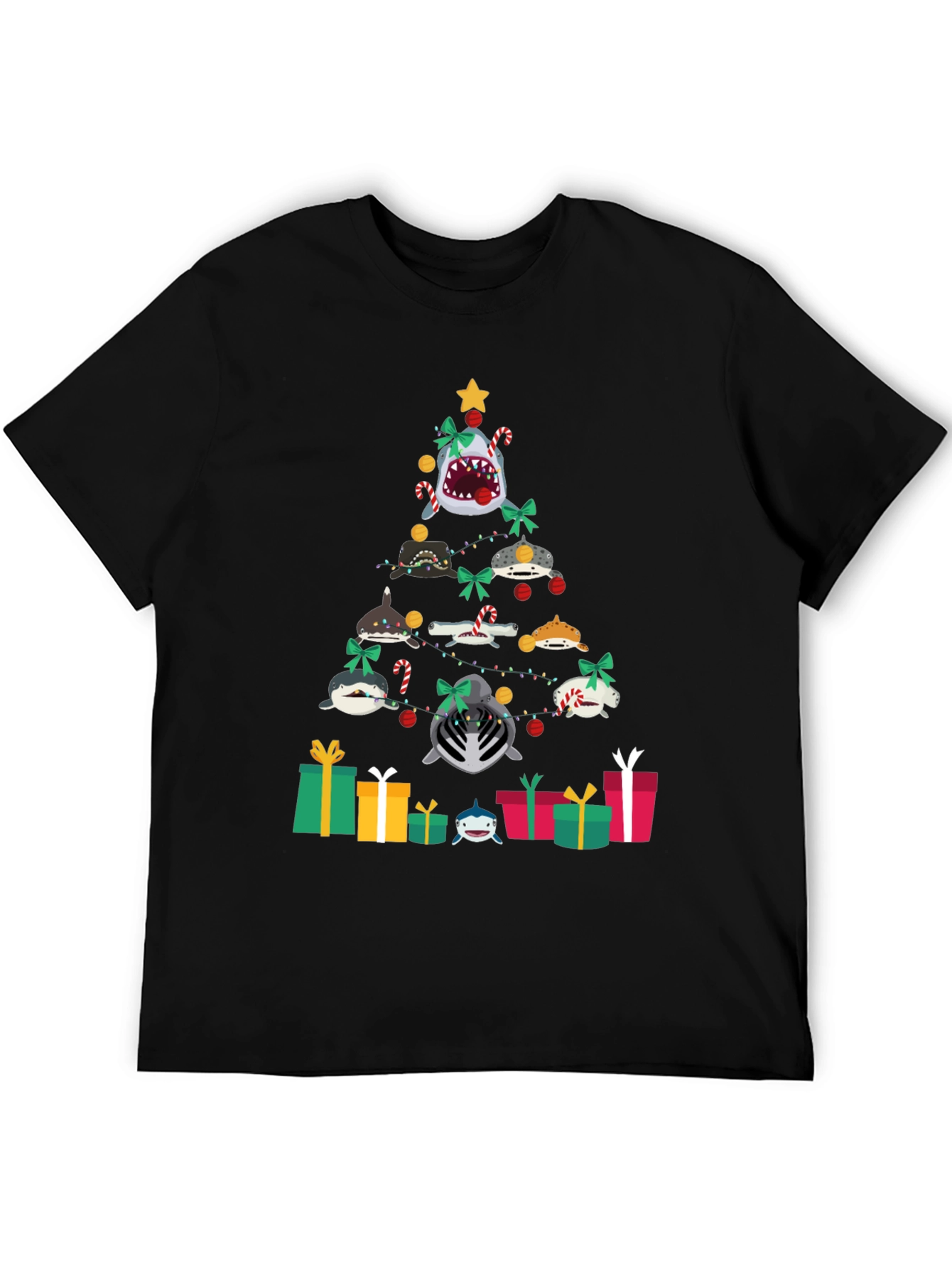 Black Shark Christmas Tree Black T-Shirt view 5