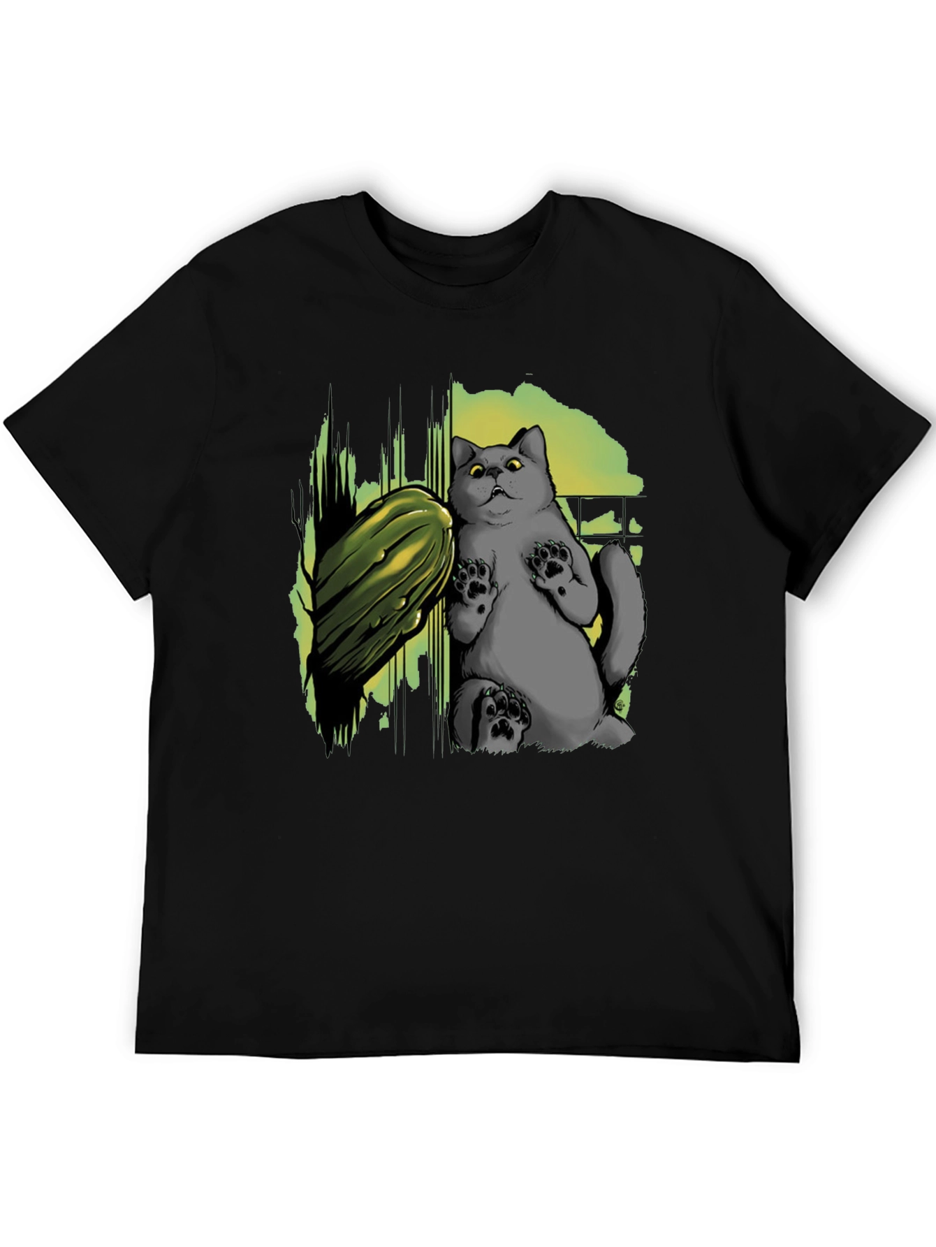 Black Funny Cat & Cucumber Graphic Tee - Black Cotton T-Shirt view 5