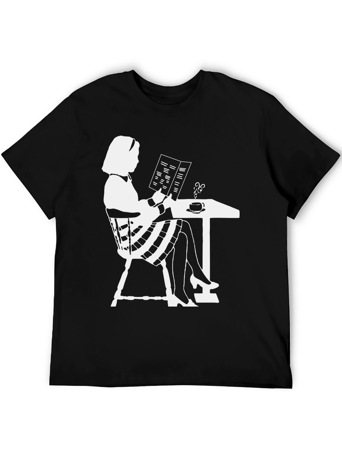 Black Chic Silhouette Tee: Woman Reading at Cafe view 5