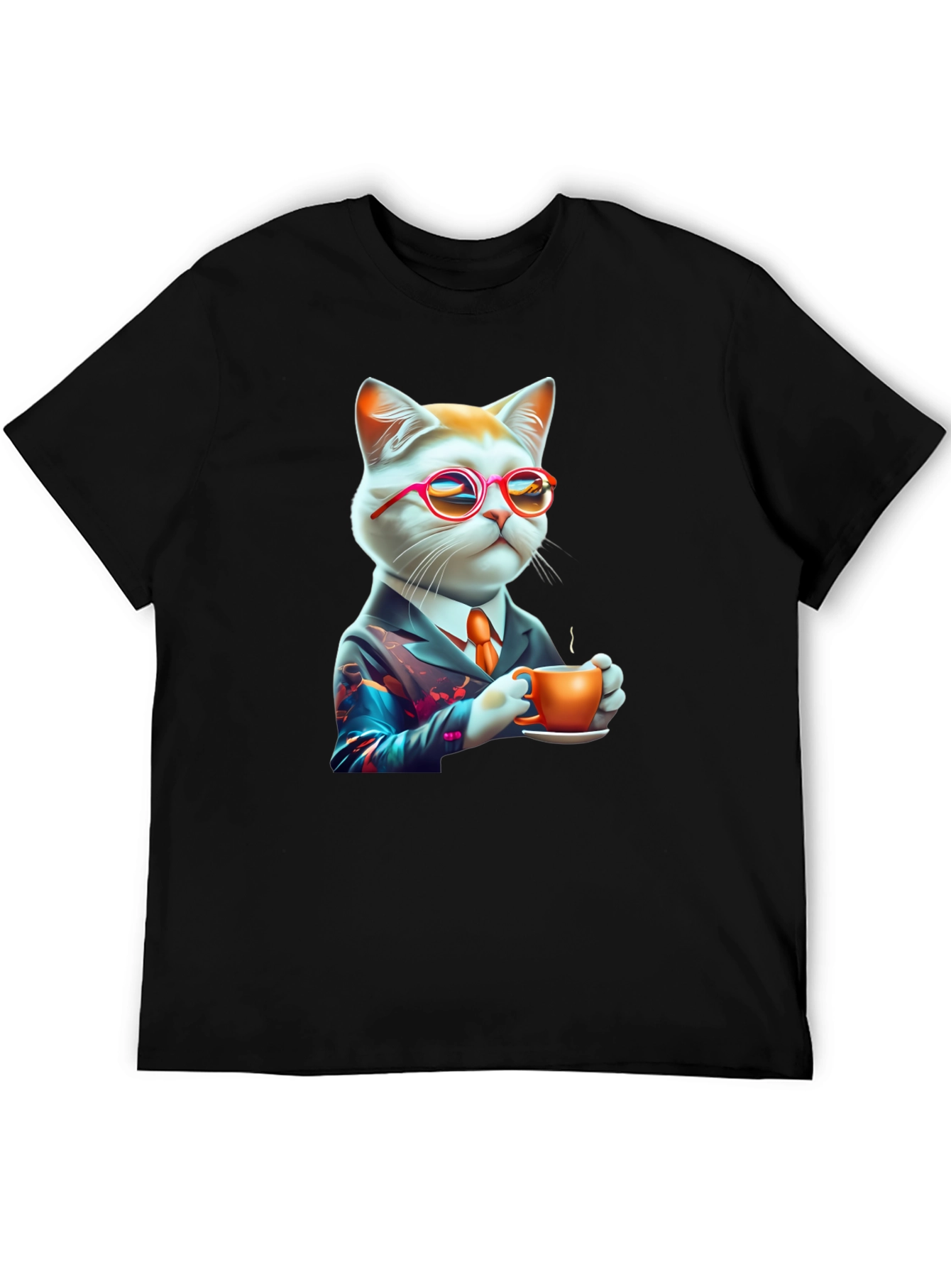 Black Cool Cat T-Shirt - Cat with Coffee view 5