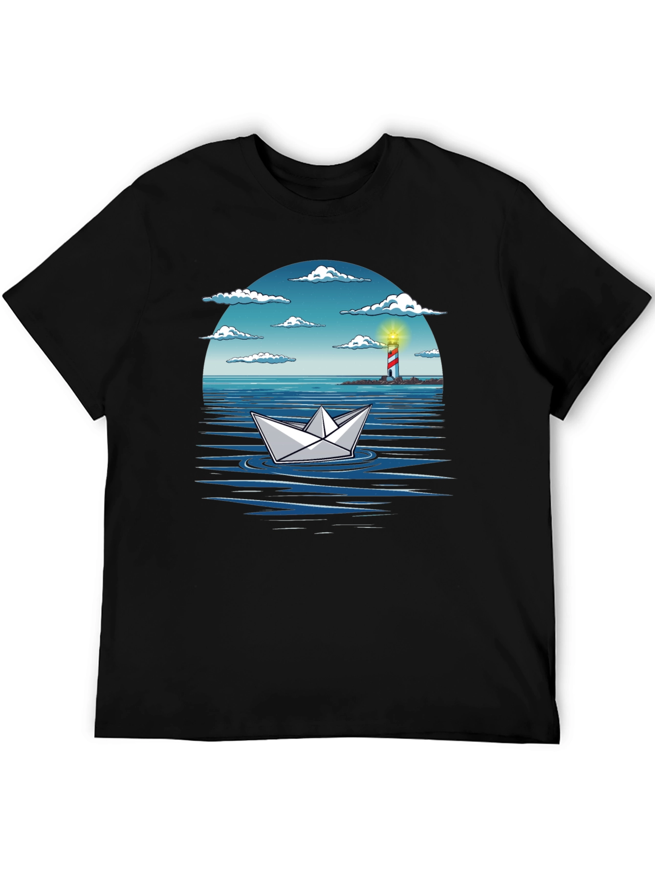 Black Paper Boat Lighthouse Graphic Tee - Nautical Adventure Shirt view 5