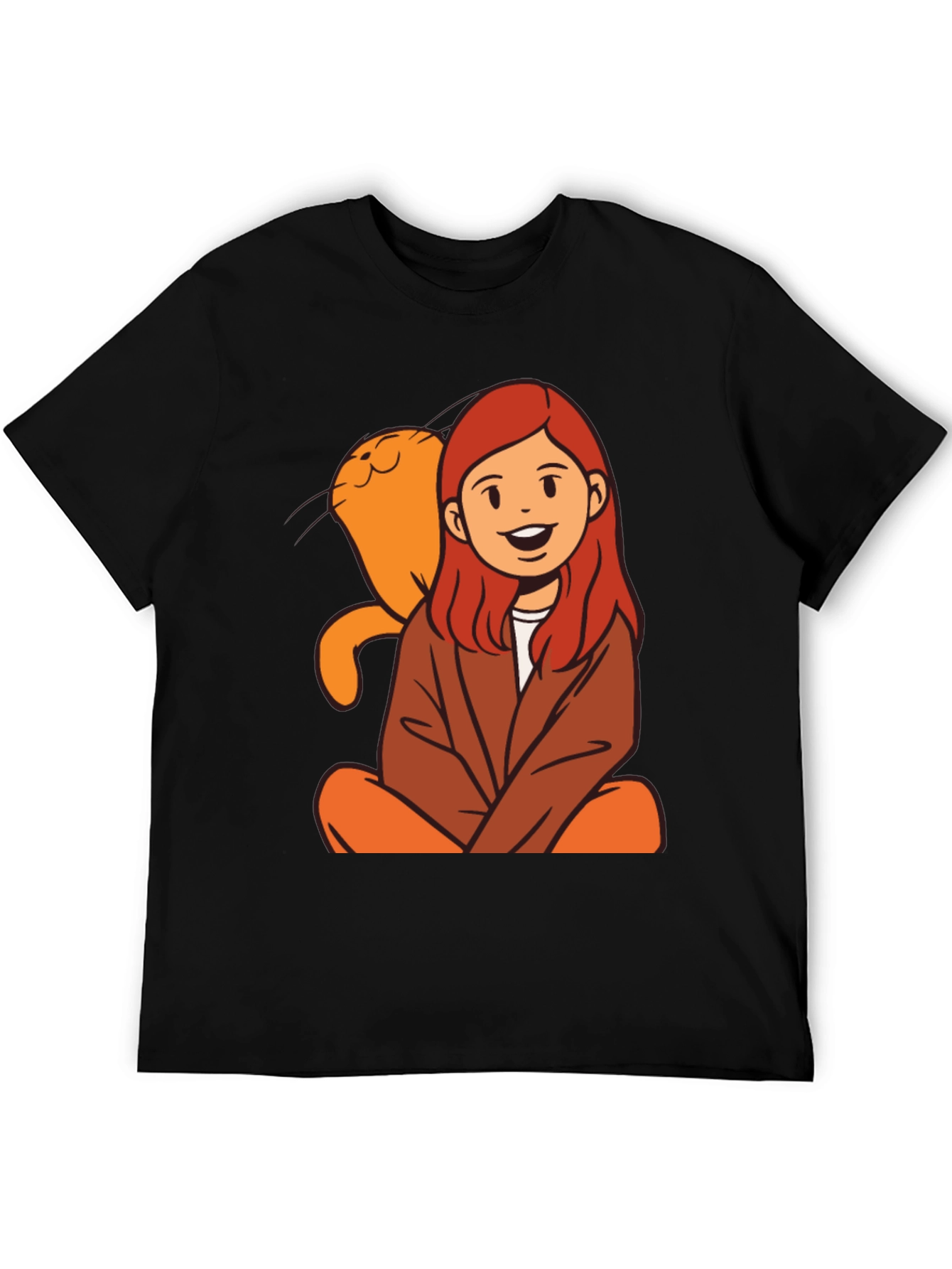 Black Cartoon Girl & Cat Graphic Black T-Shirt view 5