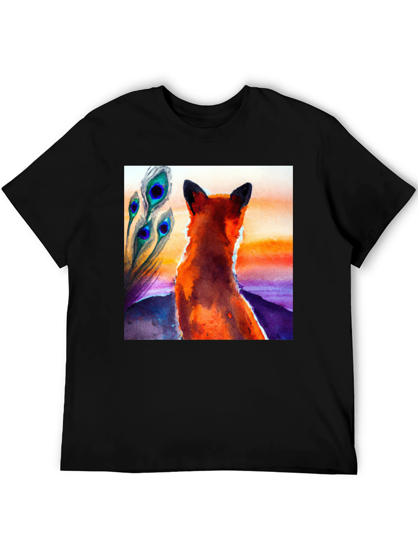 Black Fox & Peacock Feather Graphic Black T-Shirt view 5