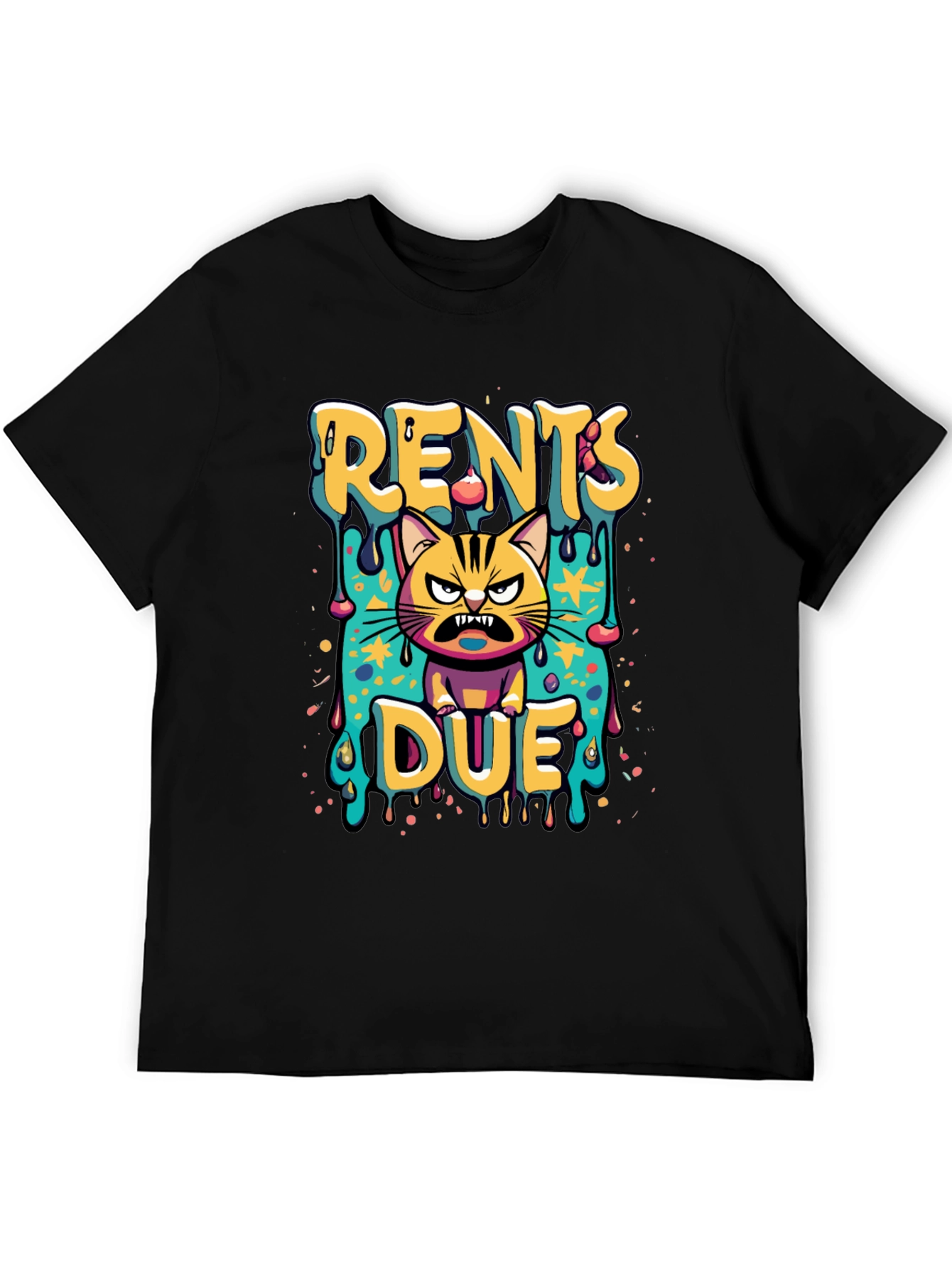 Black Rents Due Angry Cat Graphic Black T-Shirt view 5