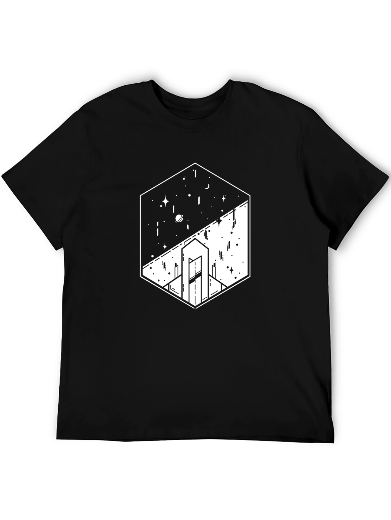 Black Geometric Space & Cityscape Black Graphic Tee view 5