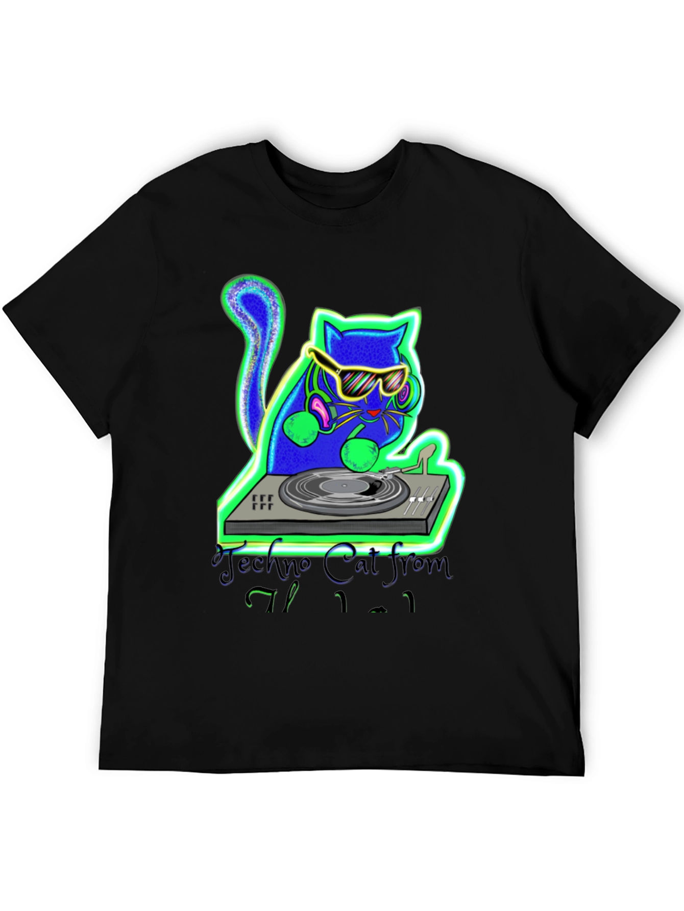 Black Techno Cat DJ Graphic T-Shirt view 5