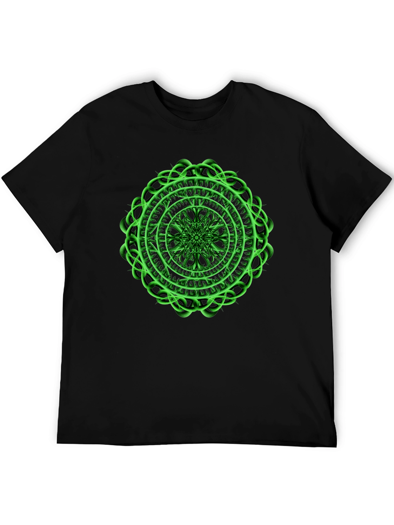 Black Men's Black T-Shirt with Green Mandala Design view 5