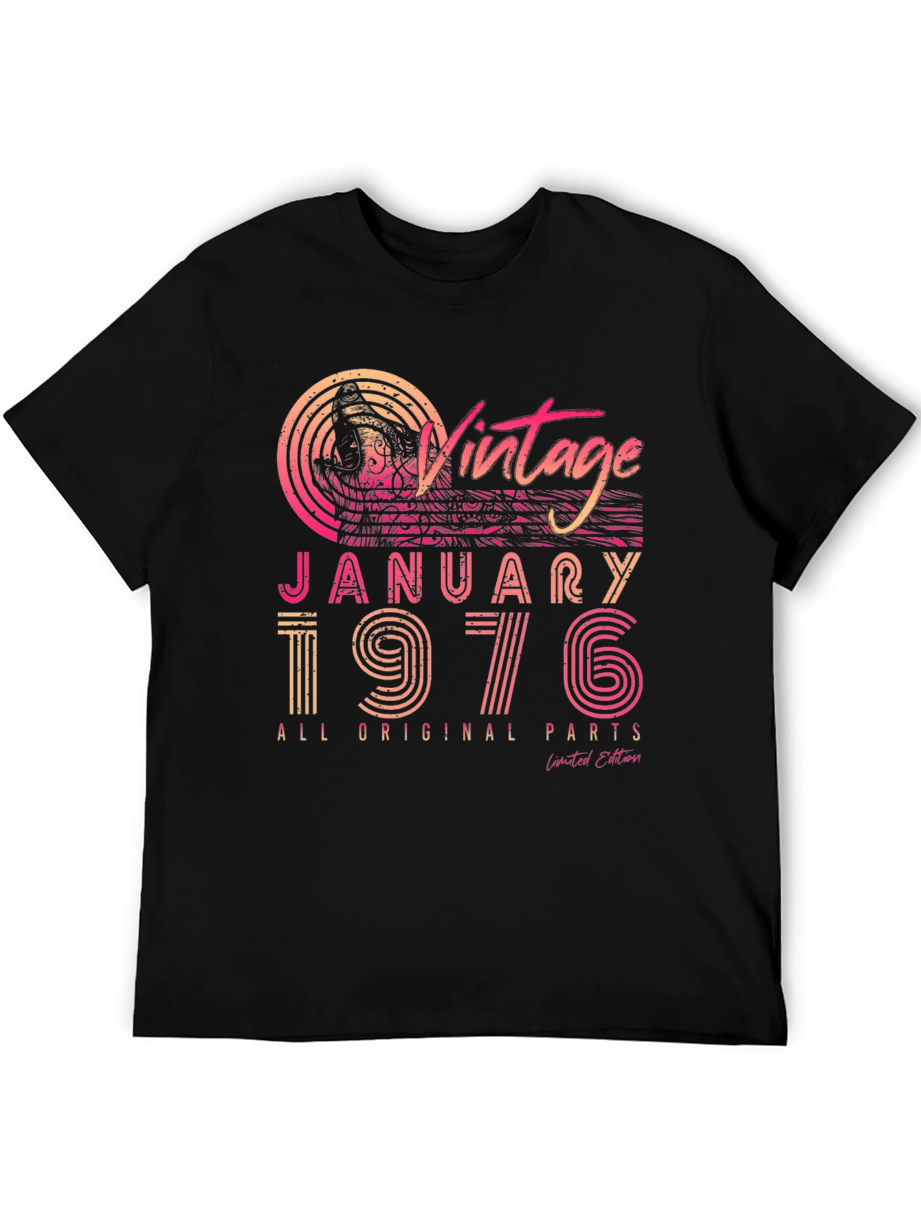 Black Vintage January 1976 All Original Parts T-Shirt view 5