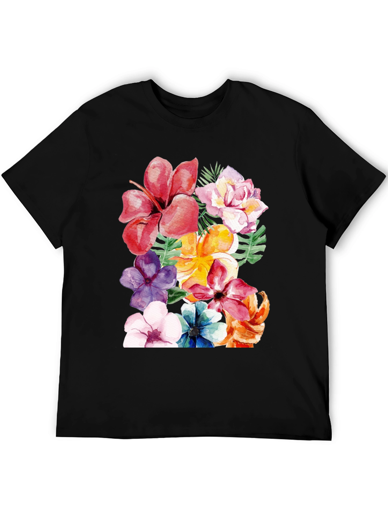 Black Floral Print Black T-Shirt - Tropical Flower Design view 5