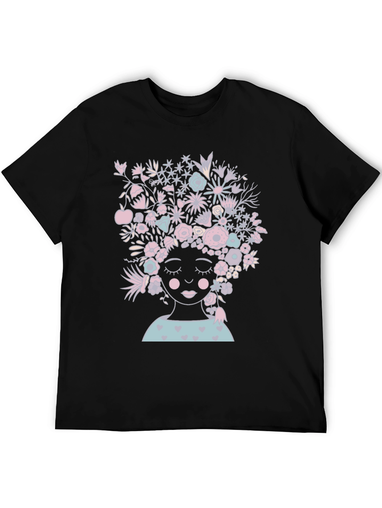 Black Floral Woman Graphic Tee - Black Cotton T-Shirt view 5