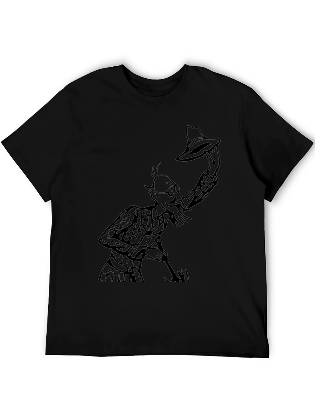Black Black T-Shirt with Cartoon Man Holding Hat view 5