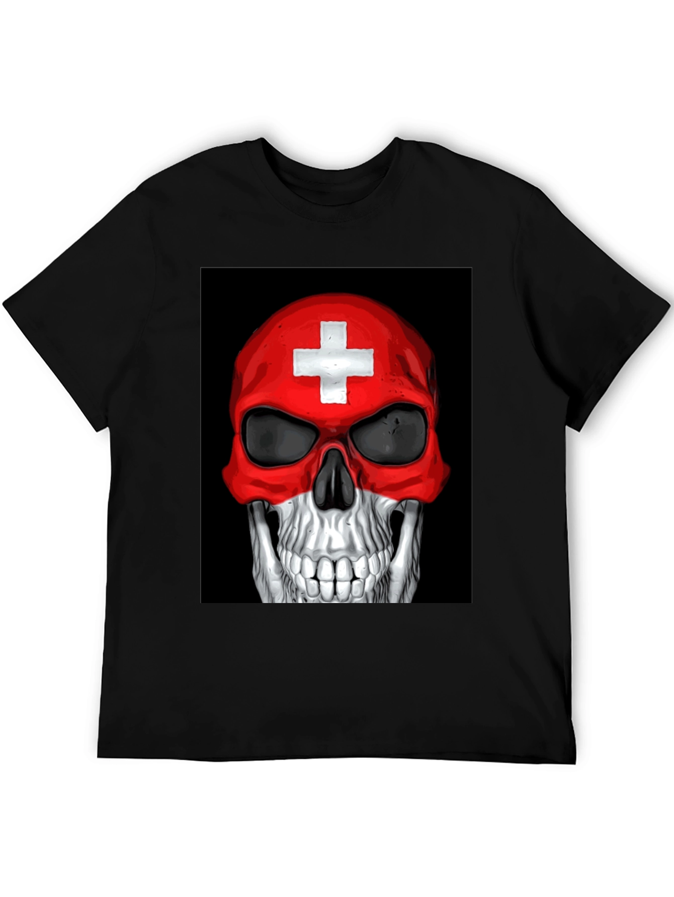 Black Skull Switzerland Flag Graphic Tee - Black Cotton T-Shirt view 5