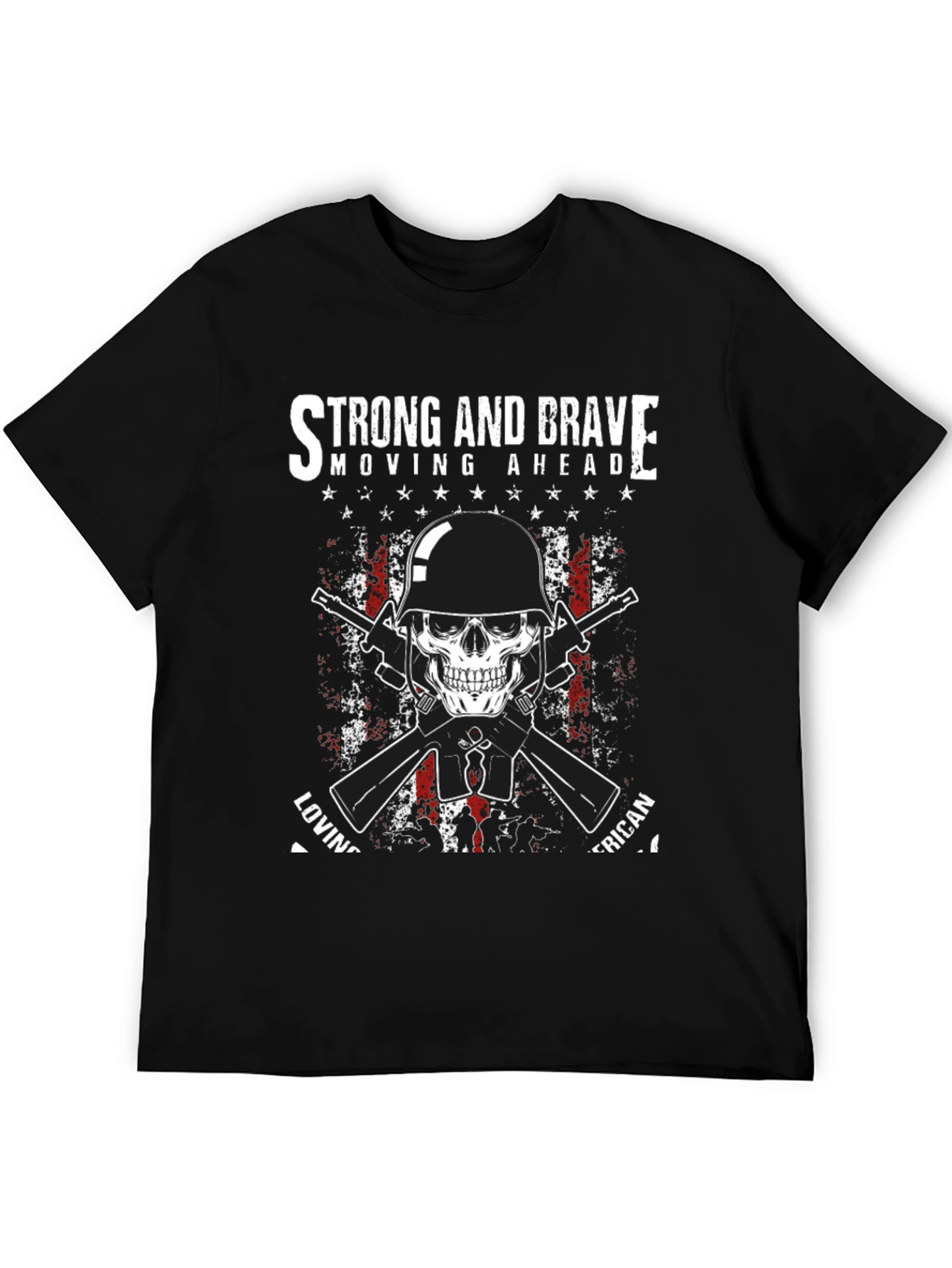 Black Strong & Brave Patriotic Skull Graphic T-Shirt view 5