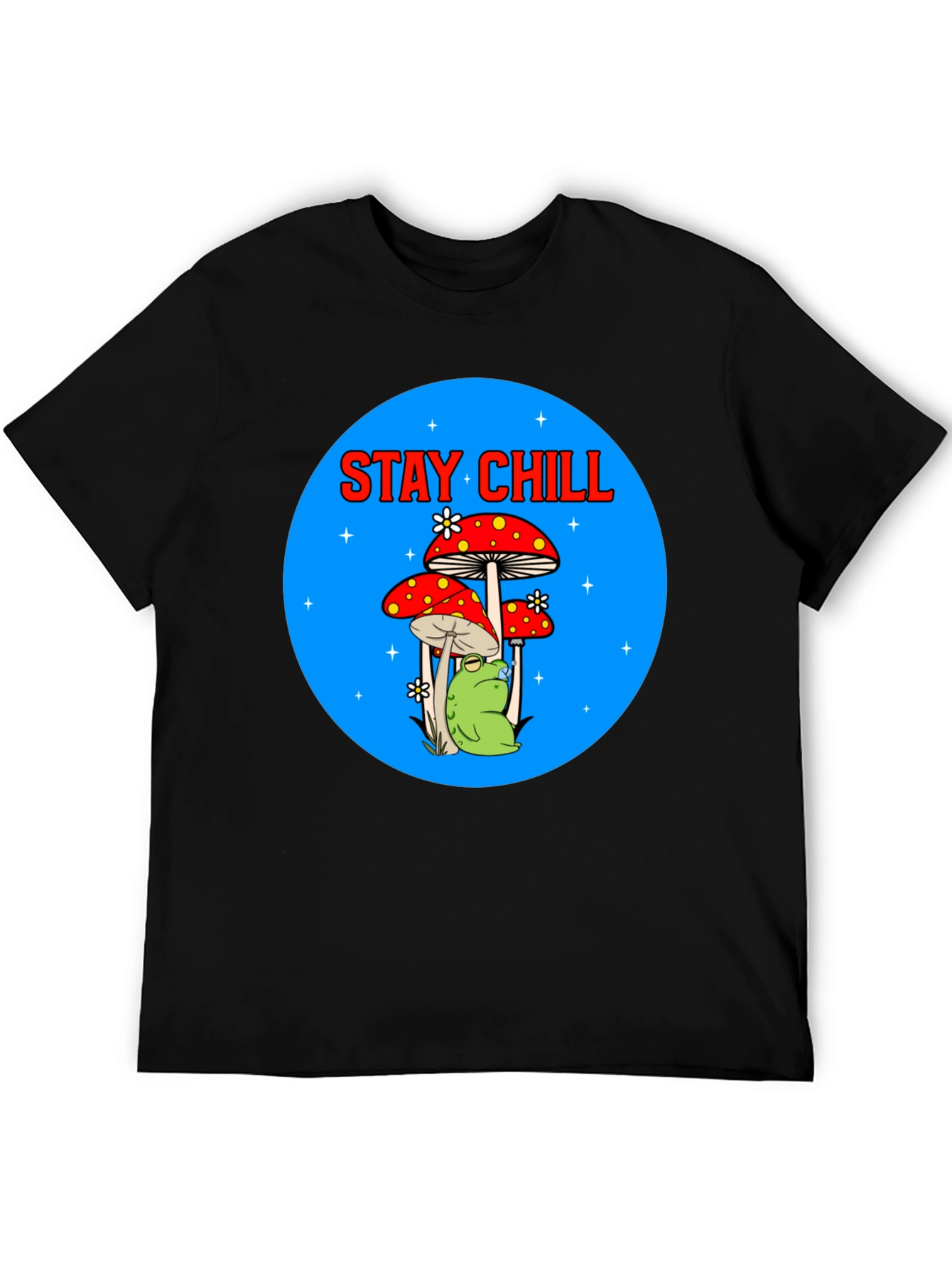 Black Stay Chill Frog Mushroom Graphic Tee view 5