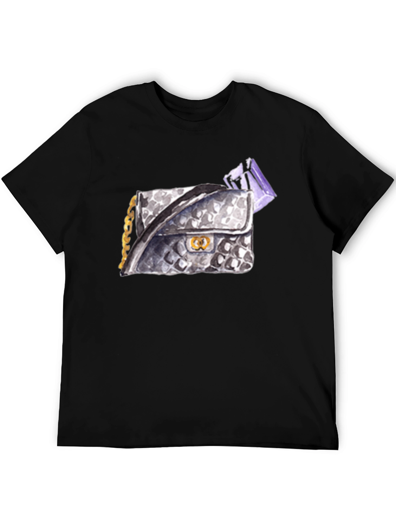 Black Stylish Black T-Shirt with Watercolor Handbag Print view 5